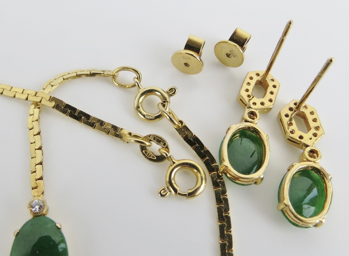 Bridal jewelry set, natural green jadeite cabochon and 14K gold earrings, bracelet and necklace