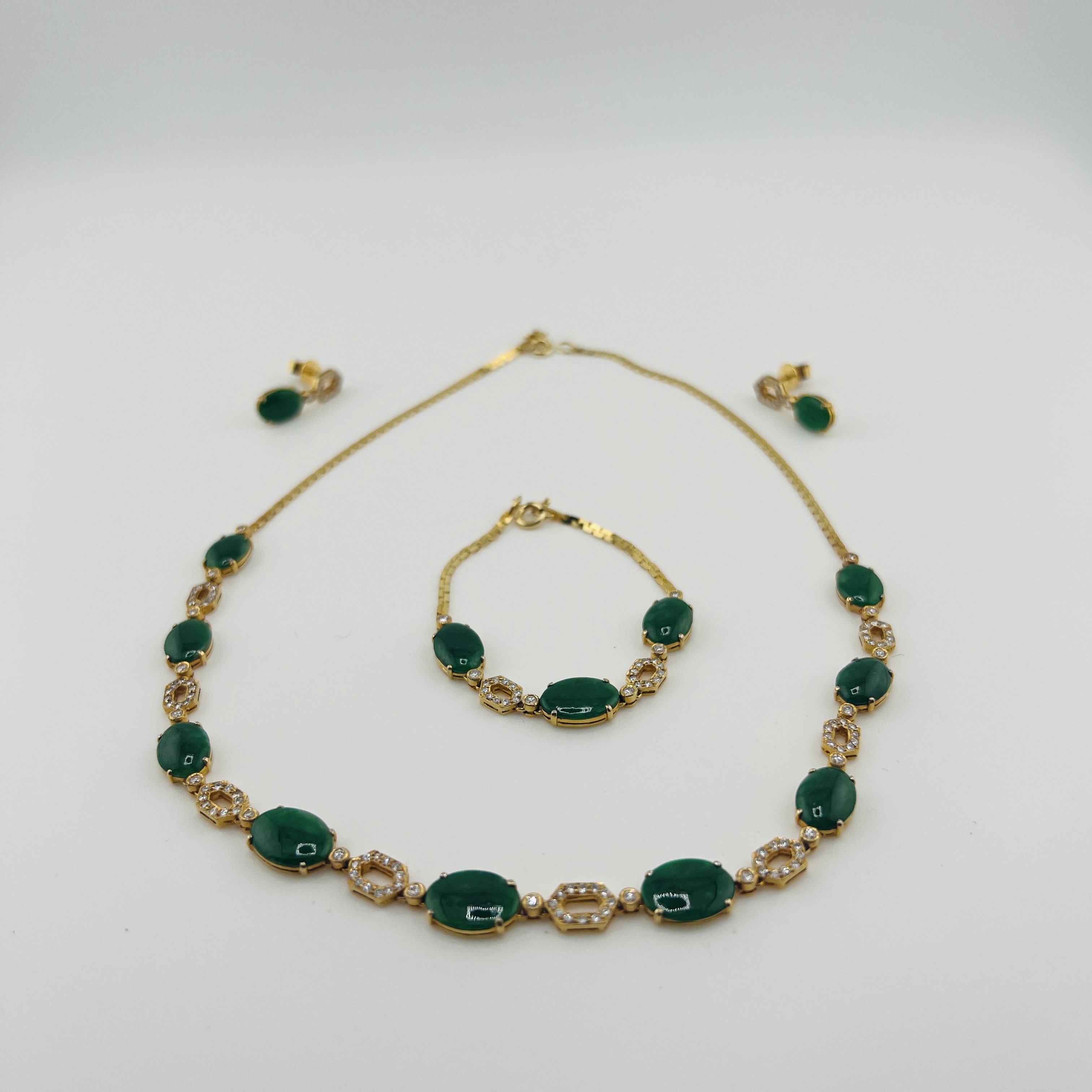 Bridal jewelry set, natural green jadeite cabochon and 14K gold earrings, bracelet and necklace