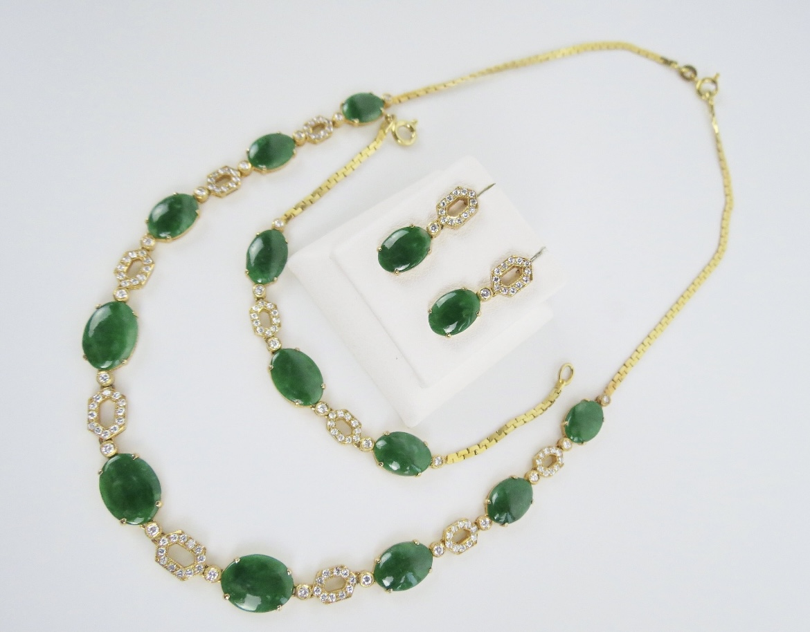 Bridal jewelry set, natural green jadeite cabochon and 14K gold earrings, bracelet and necklace