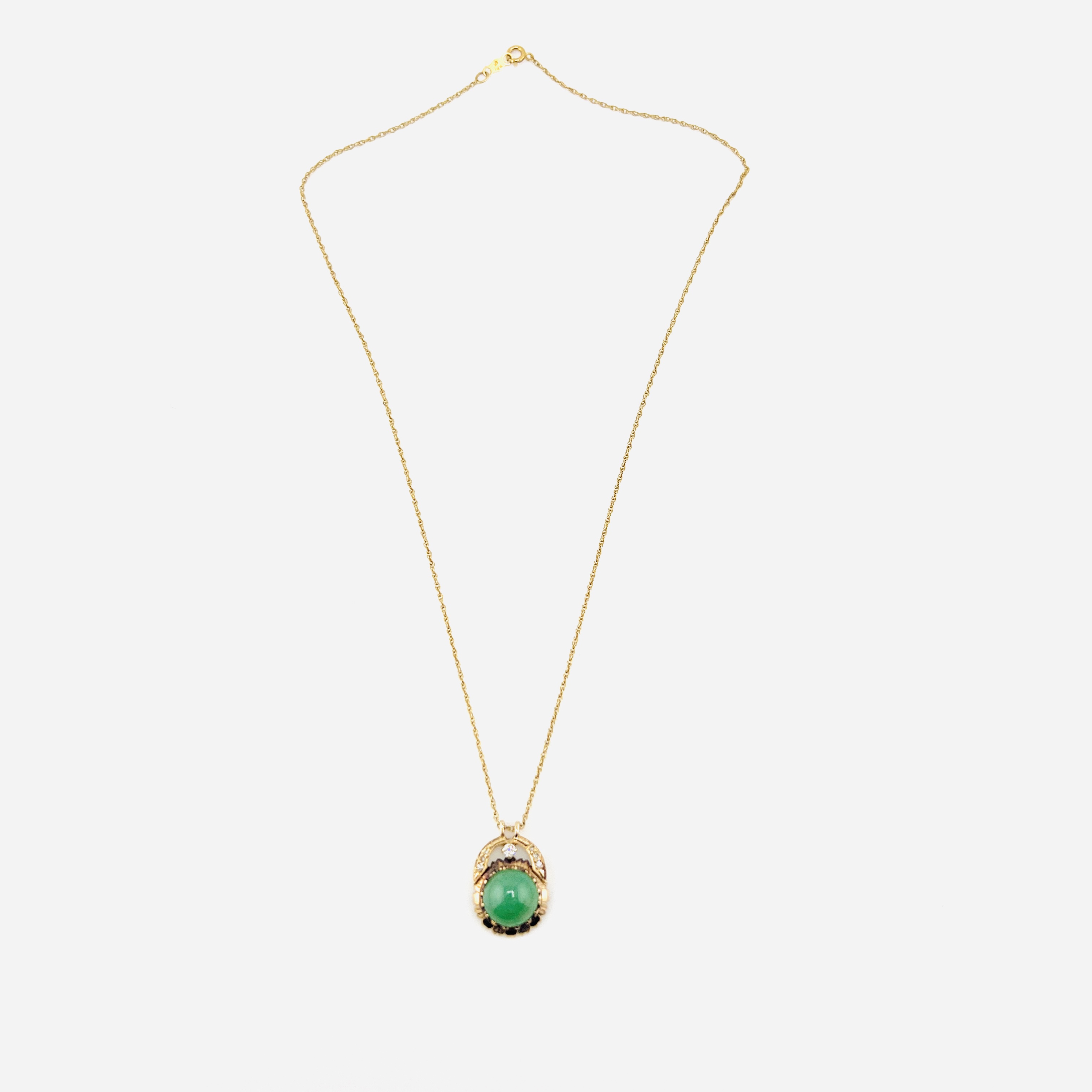 Vintage green jadeite cabochon and diamonds in a 14K gold chain necklace