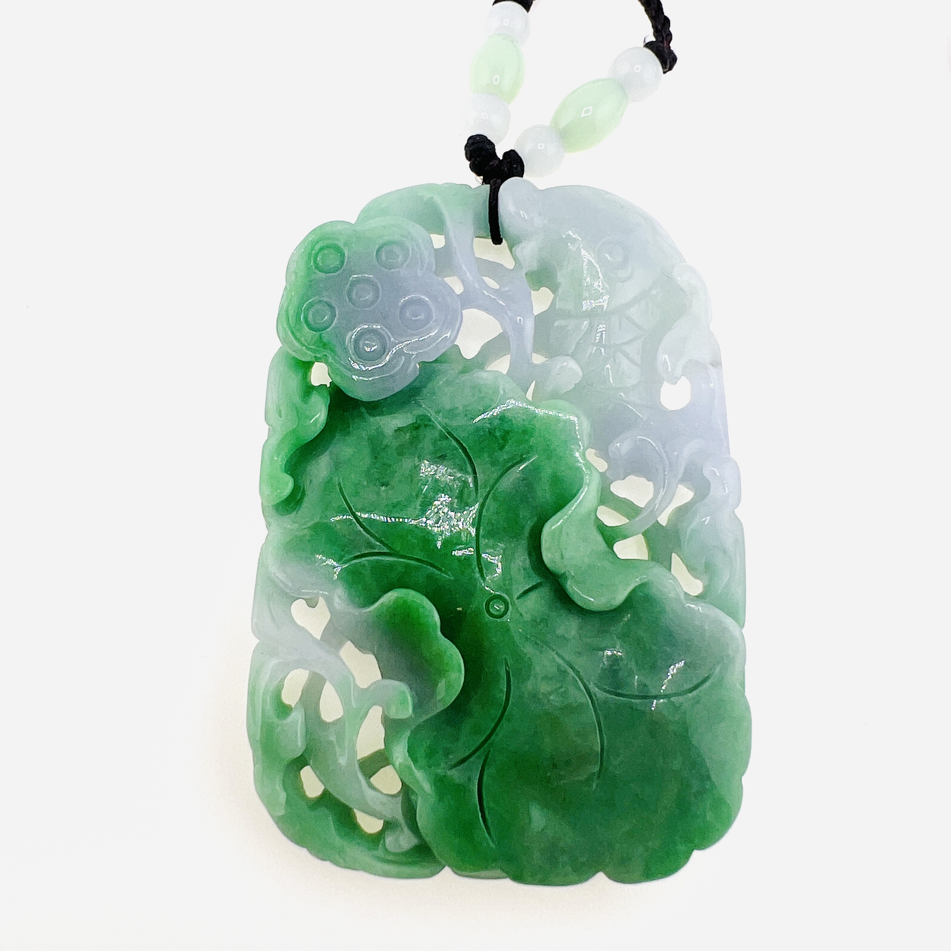 Natural green jadeite pendant necklace with double-side carving of netsuke fish, ruyi and lotus