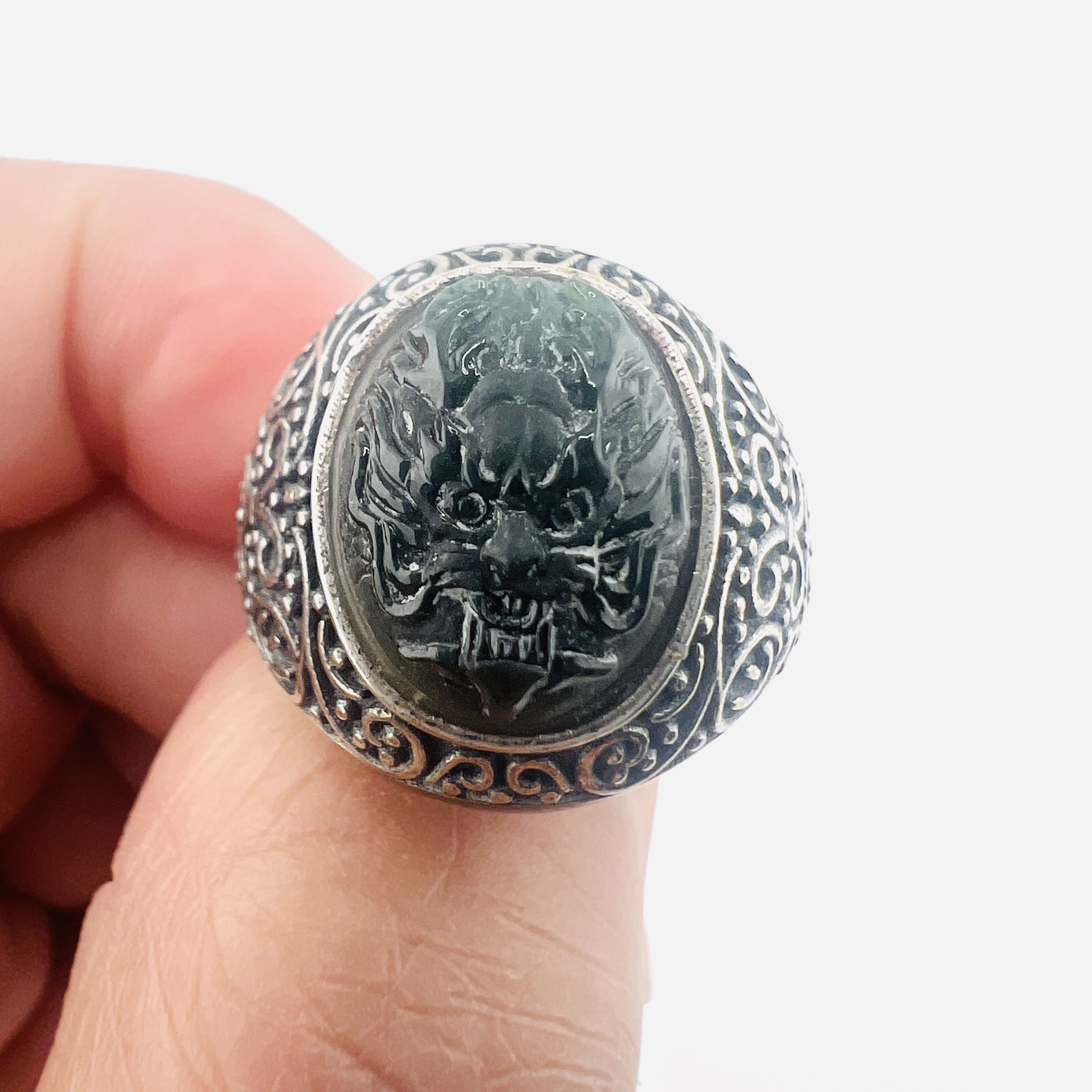Dragon head natural dark green jadeite ring