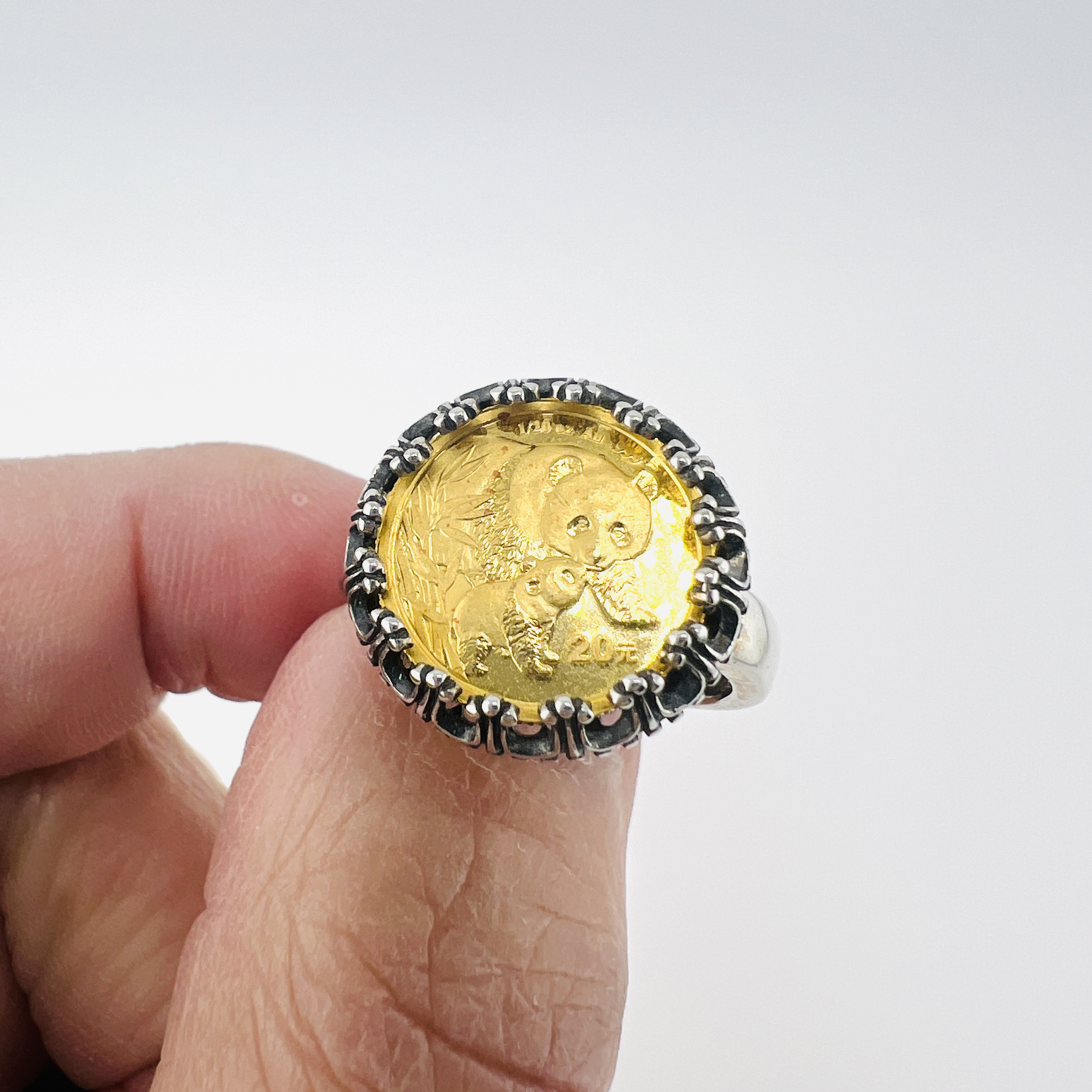24K gold Panda coin in crown ring