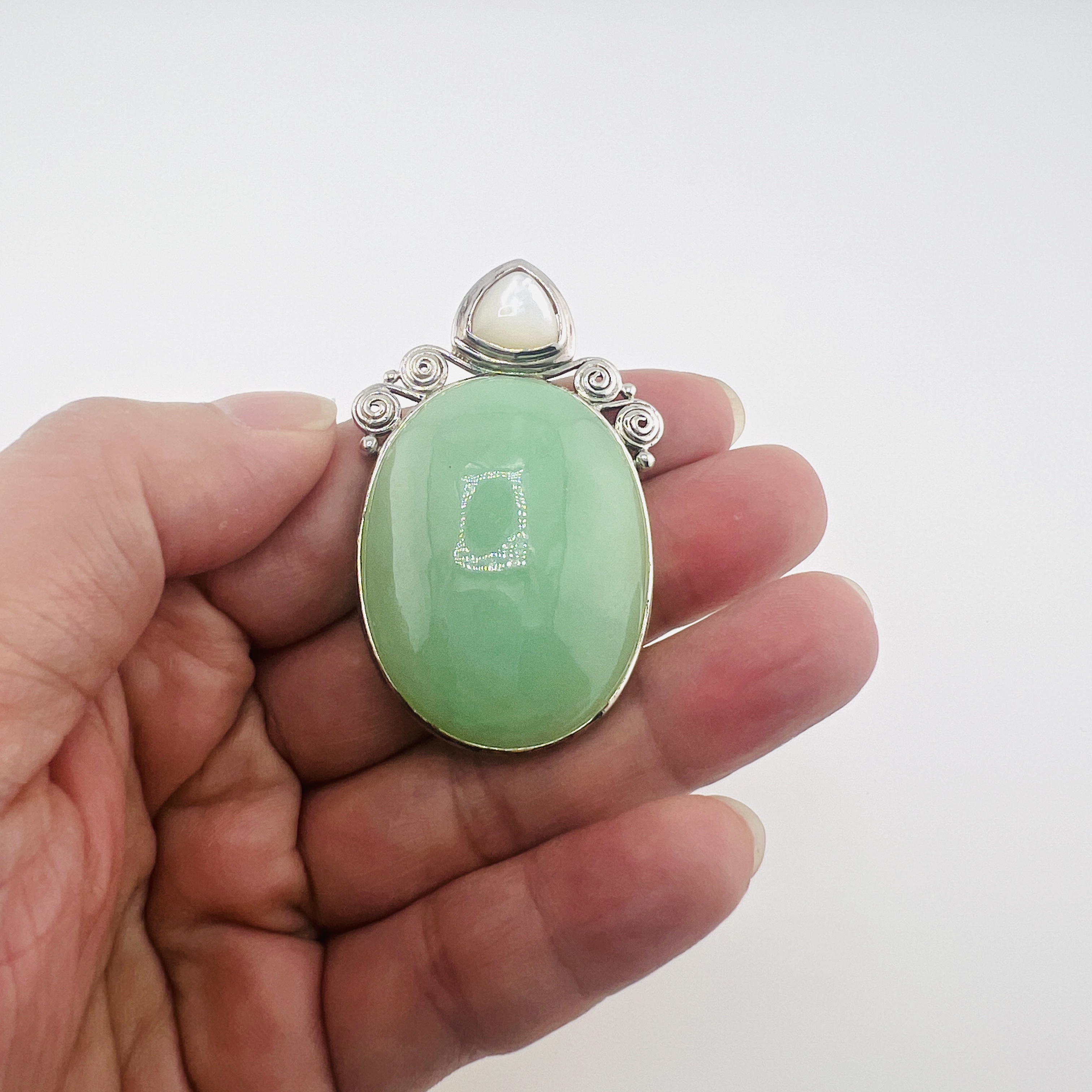 Natural apple green jadeite oval cabochon large pendant in sterling silver setting