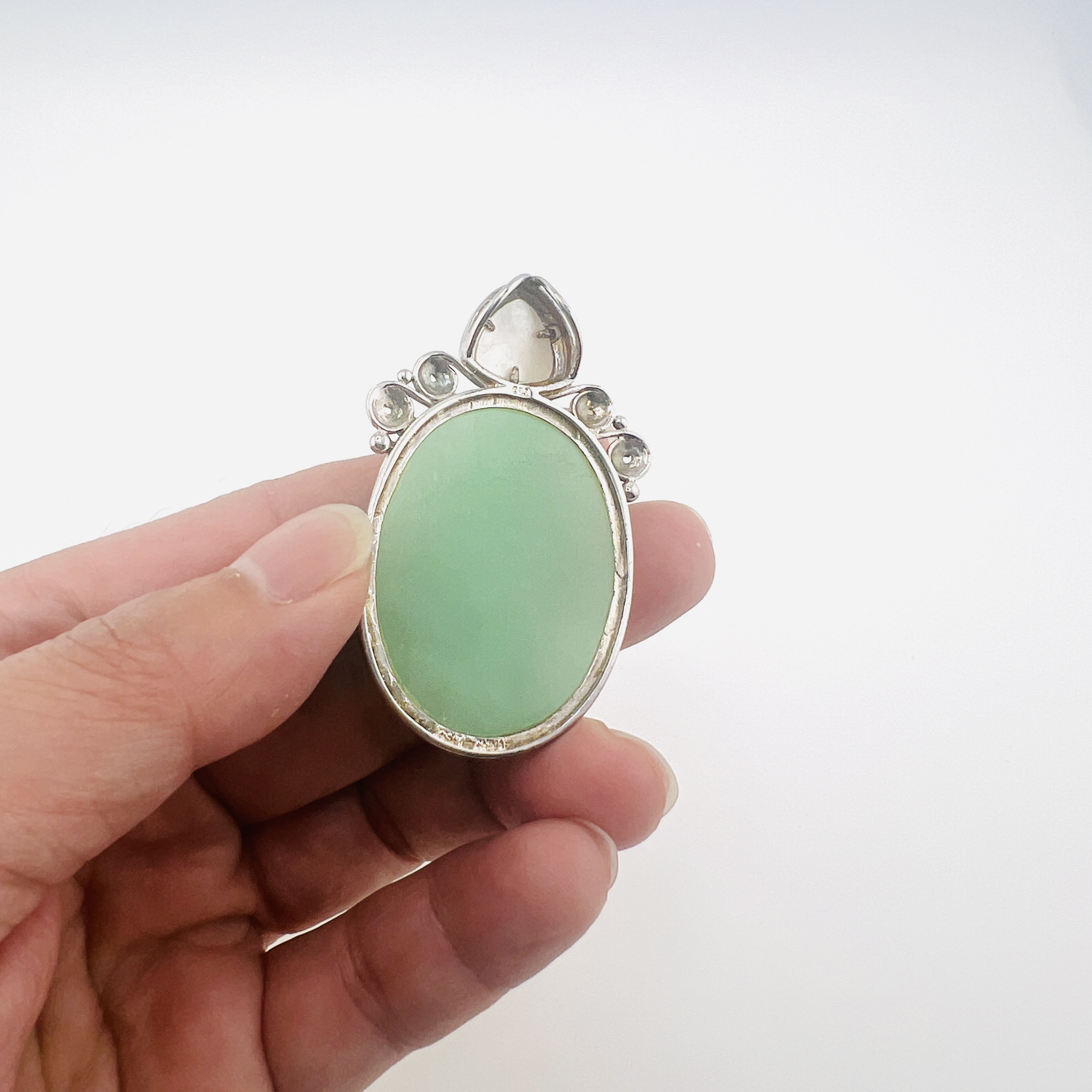 Natural apple green jadeite oval cabochon large pendant in sterling silver setting