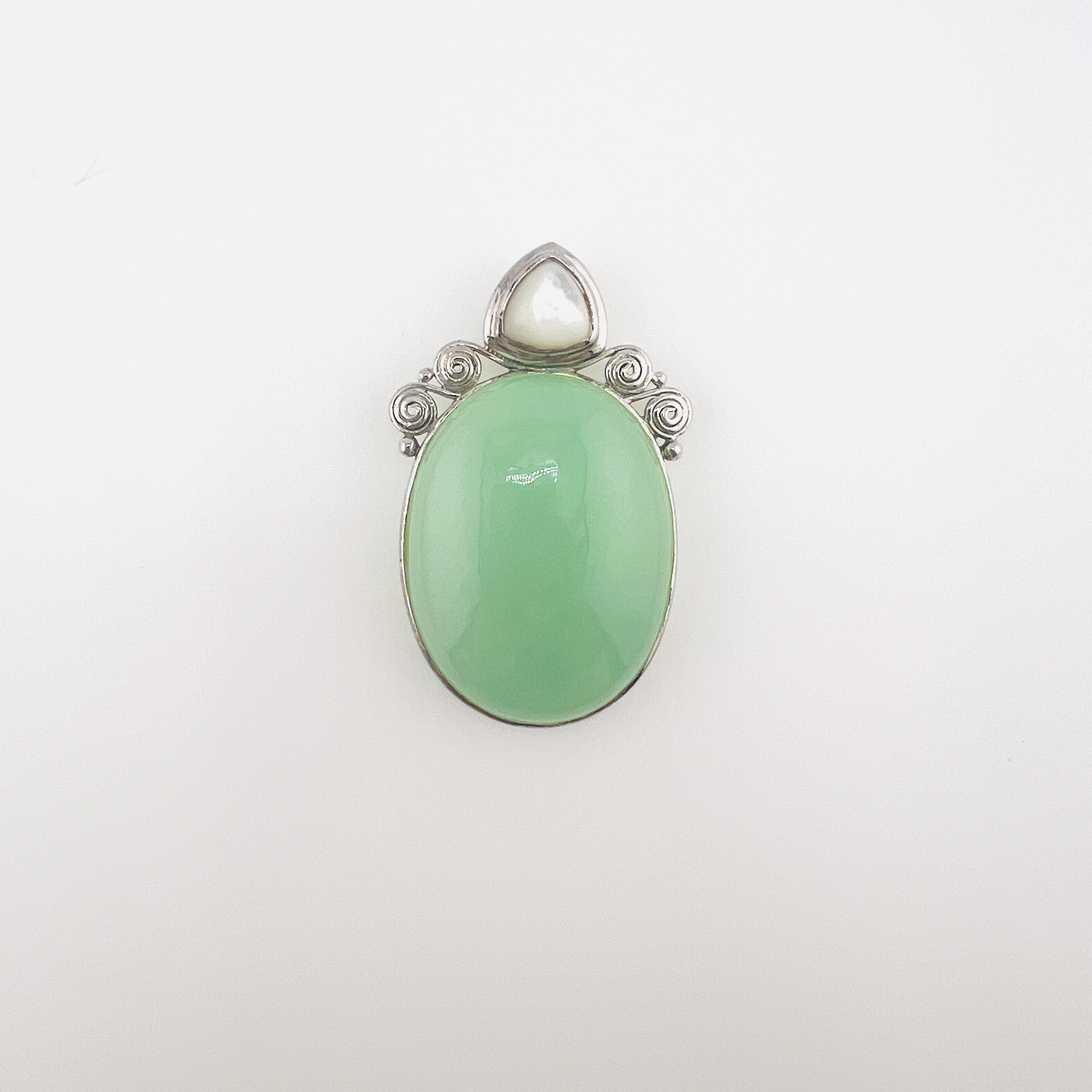 Natural apple green jadeite oval cabochon large pendant in sterling silver setting