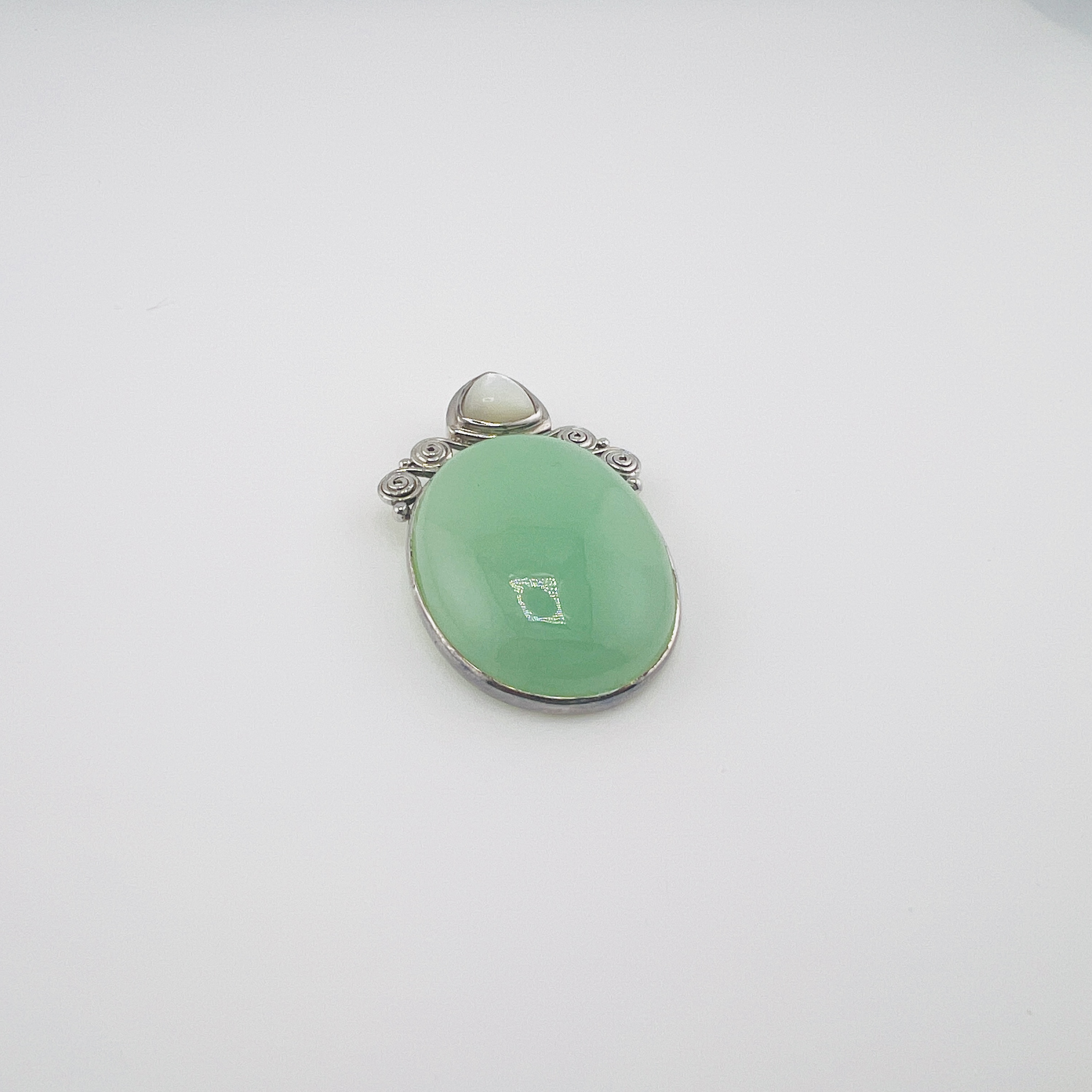 Natural apple green jadeite oval cabochon large pendant in sterling silver setting