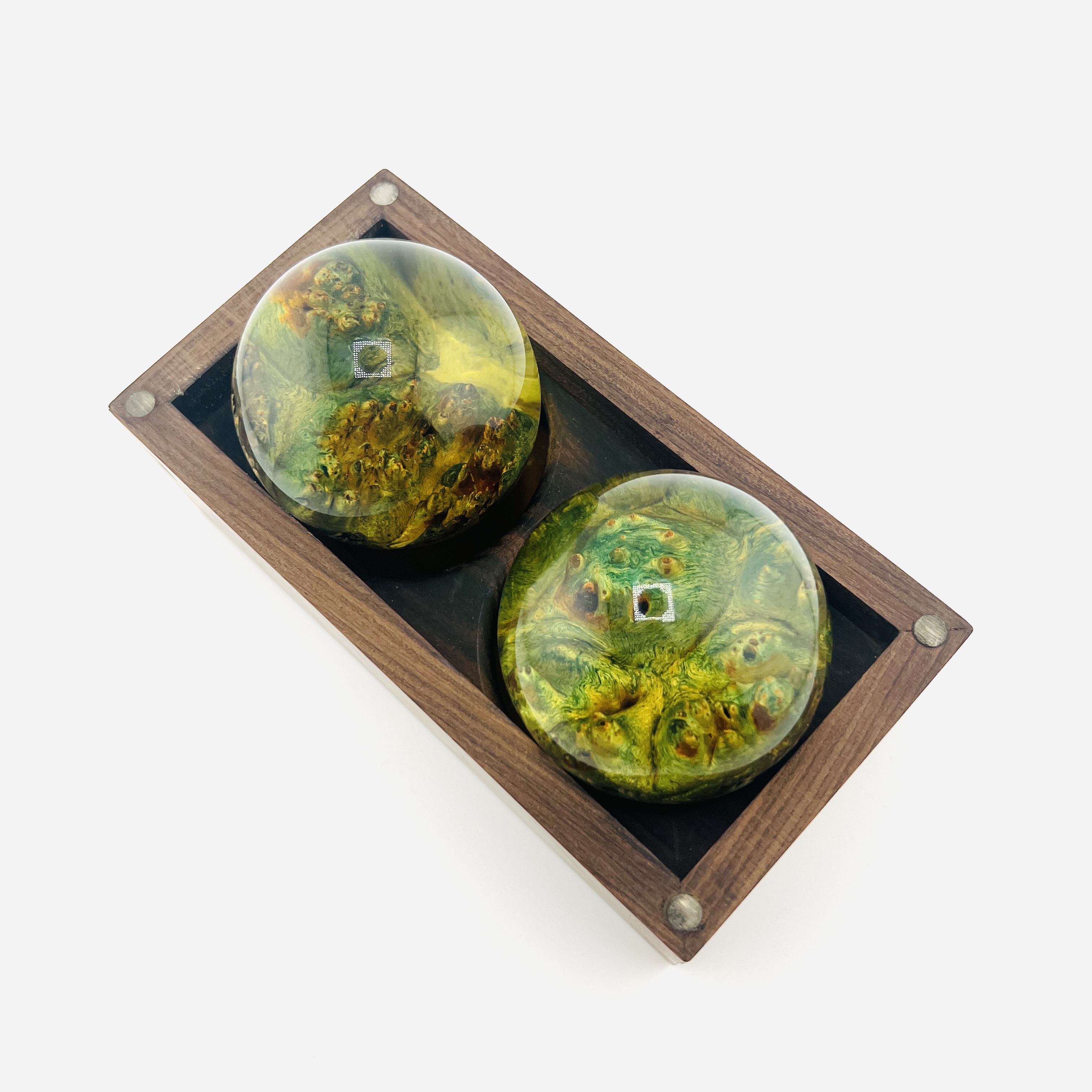 Resin and burl play balls set in customized wooden box