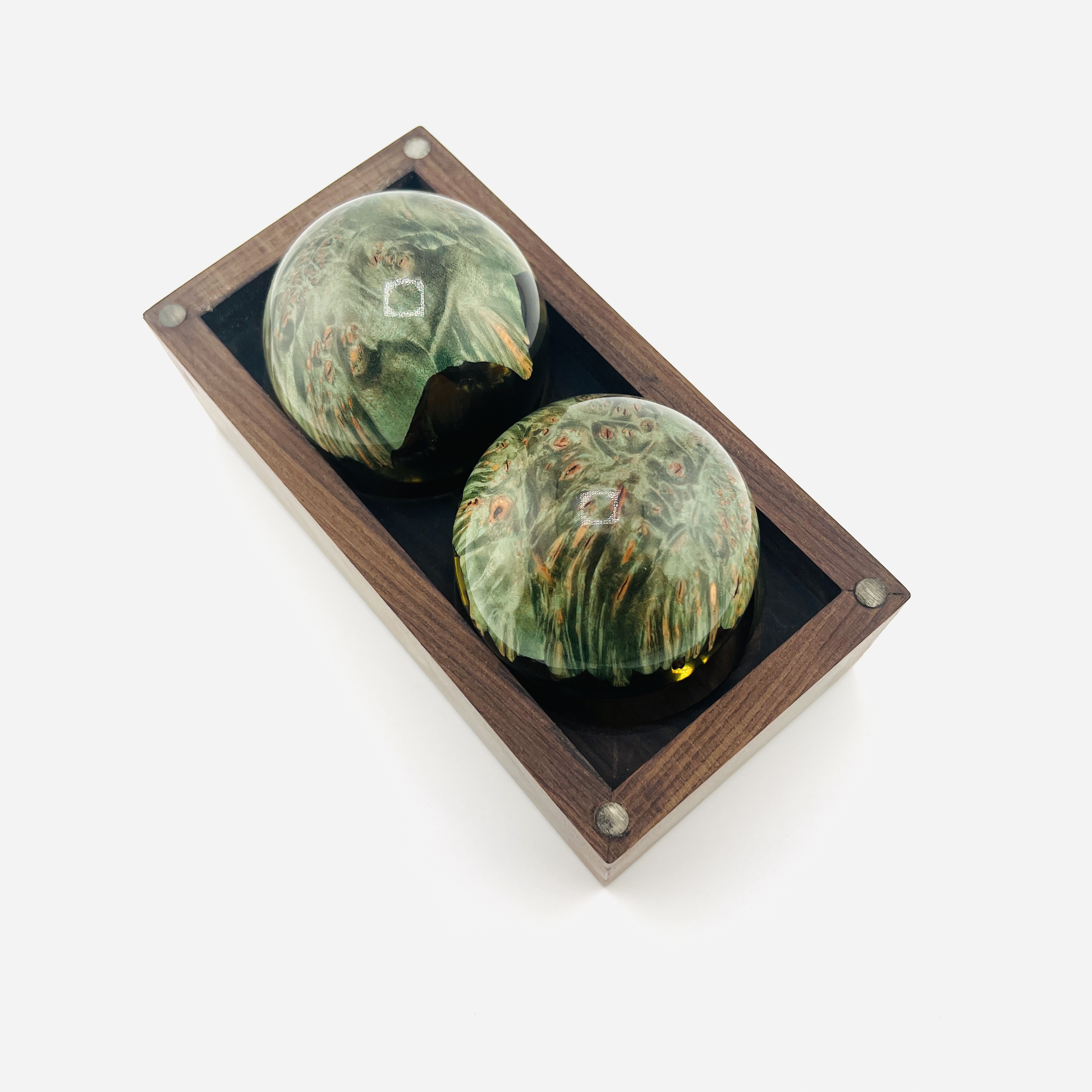 Resin and burl play balls set in customized wooden box