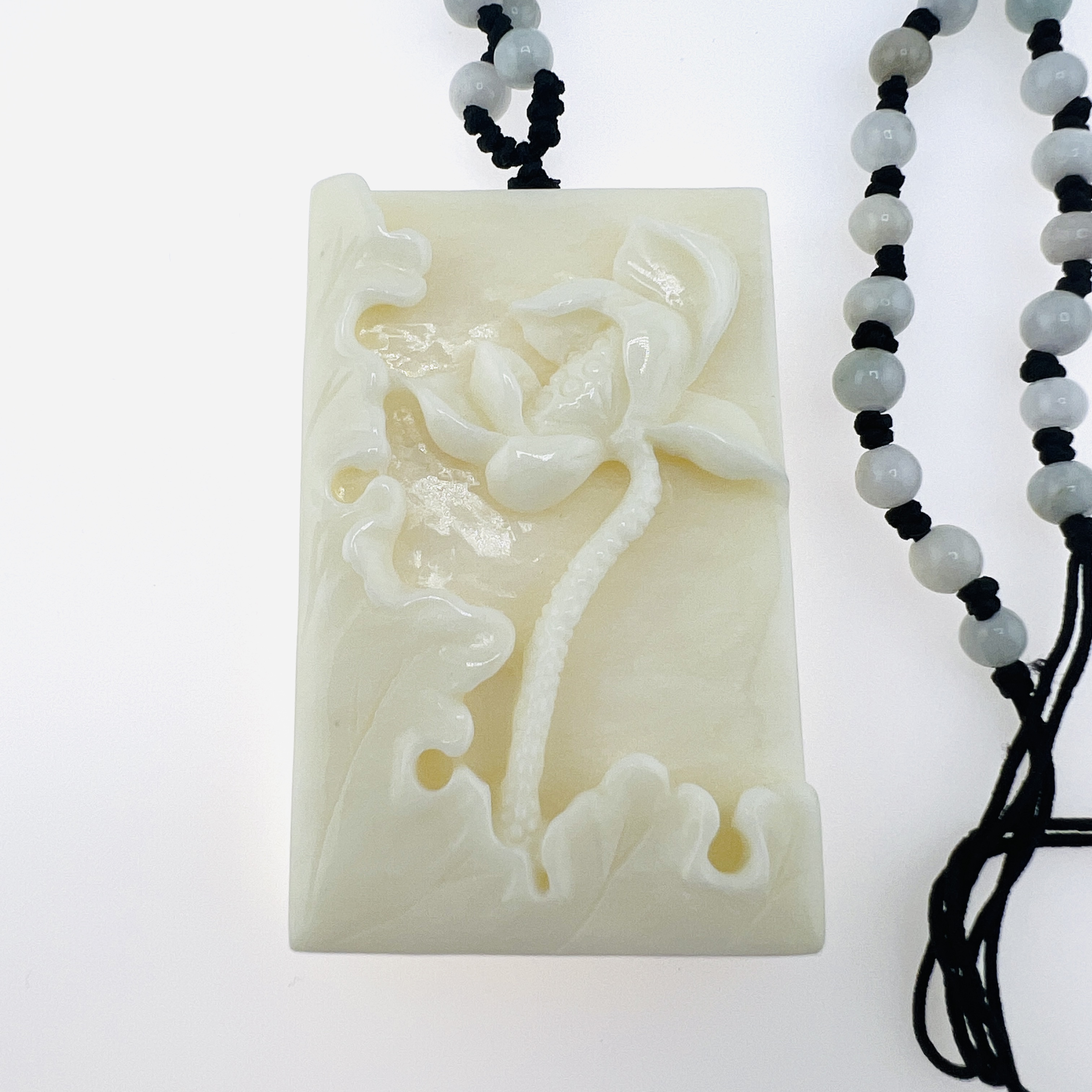 White jade lotus pendant necklace