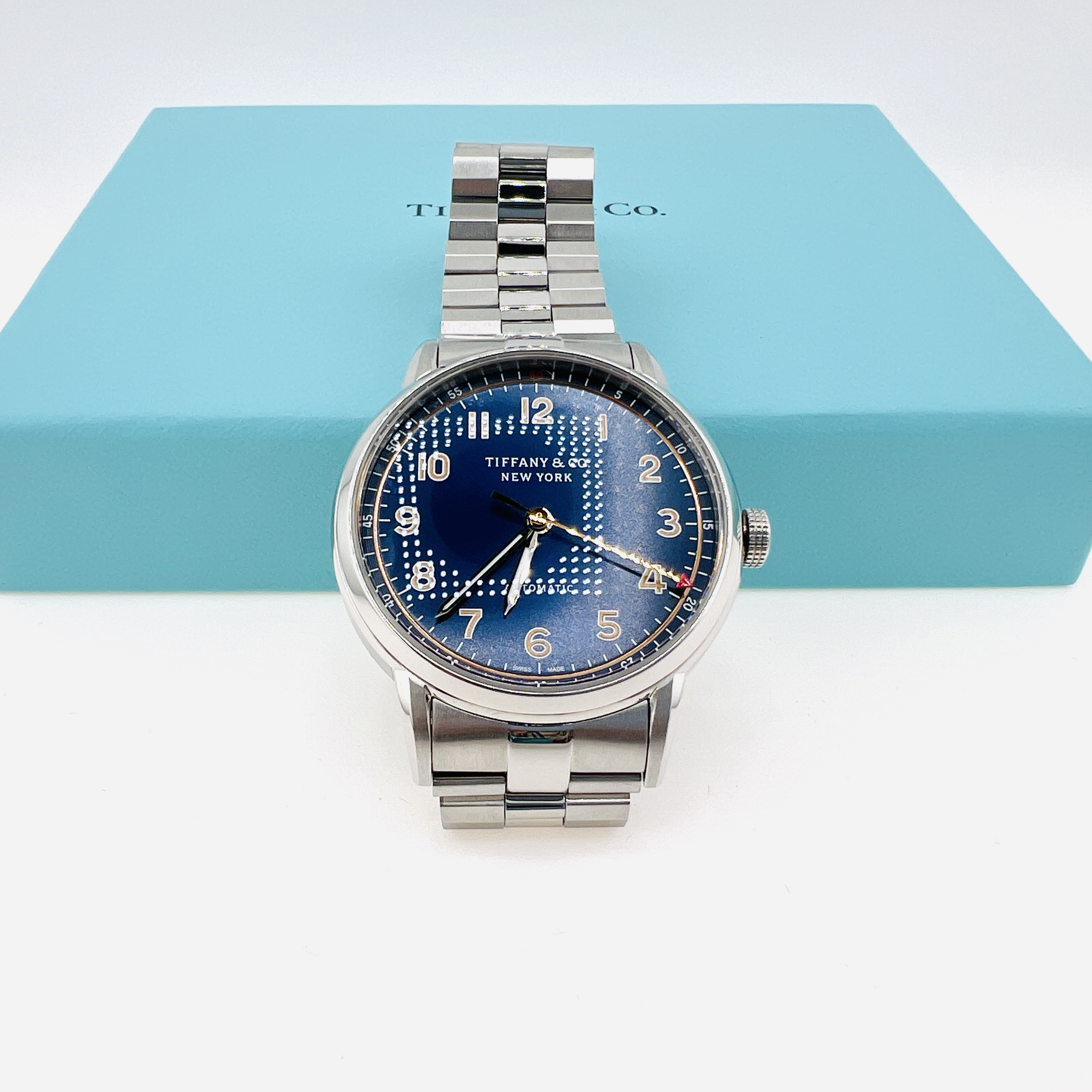 Tiffany & Co. Blue mens's stainless steel mechanical automatic watch 34mm