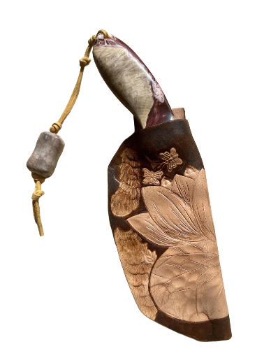 Fish and Lotus pond theme knife with customized leather sheath