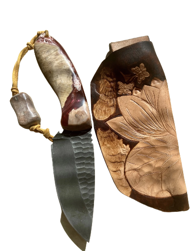 Fish and Lotus pond theme knife with customized leather sheath