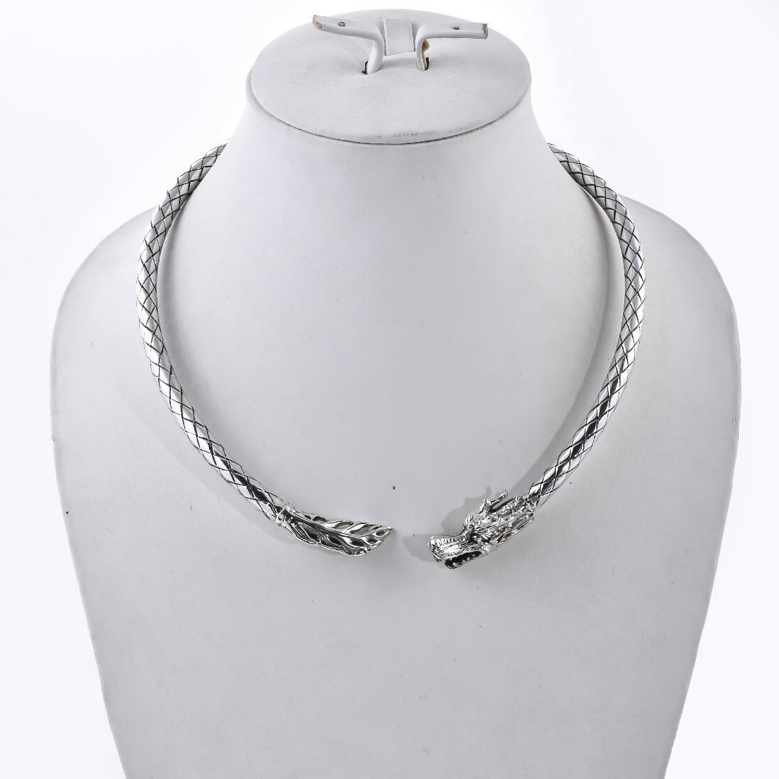 Sterling silver double dragon choker necklace