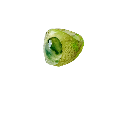 Floating green jadeite cabochon ring with glowing in the dark resin band