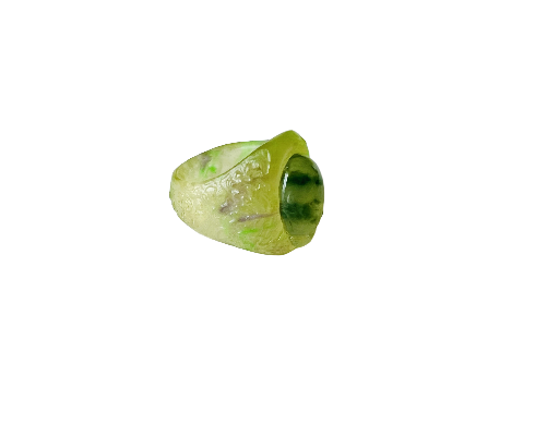 Floating green jadeite cabochon ring with glowing in the dark resin band