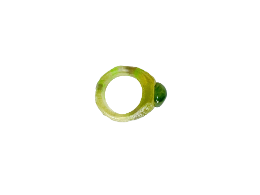 Floating green jadeite cabochon ring with glowing in the dark resin band