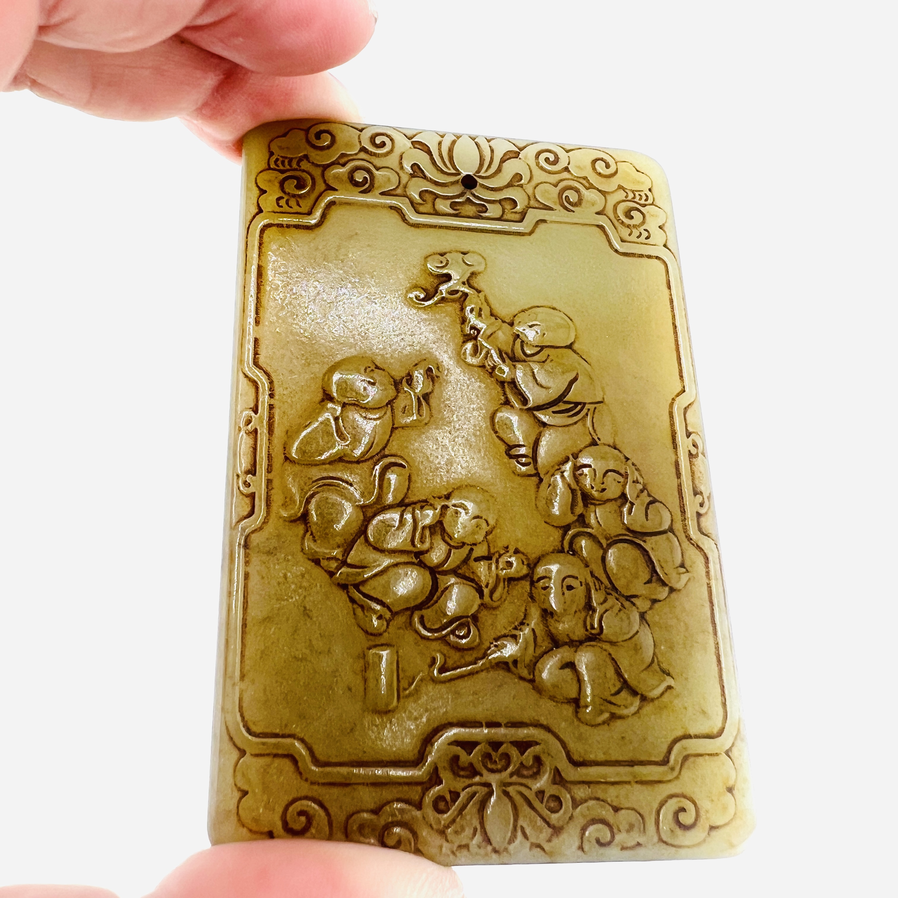 Antique double sides carved ZiGang jade amulet in rare museum quality
