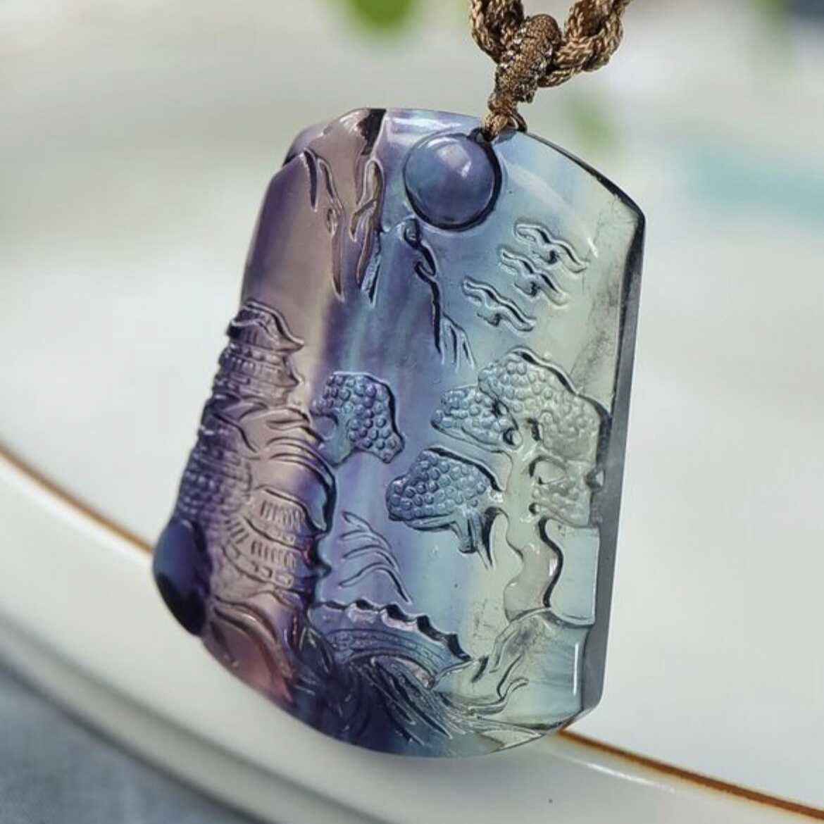 Natural fluorite crystal pendant necklace, landscape scene