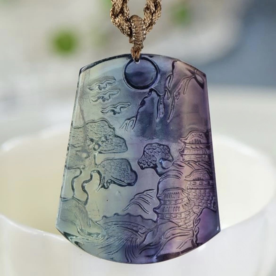 Natural fluorite crystal pendant necklace, landscape scene