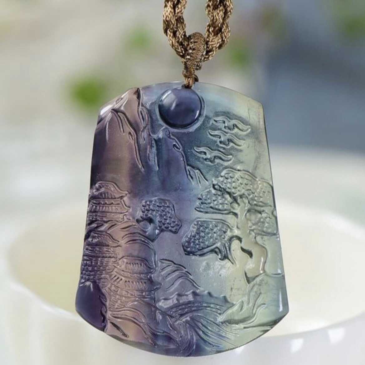 Natural fluorite crystal pendant necklace, landscape scene