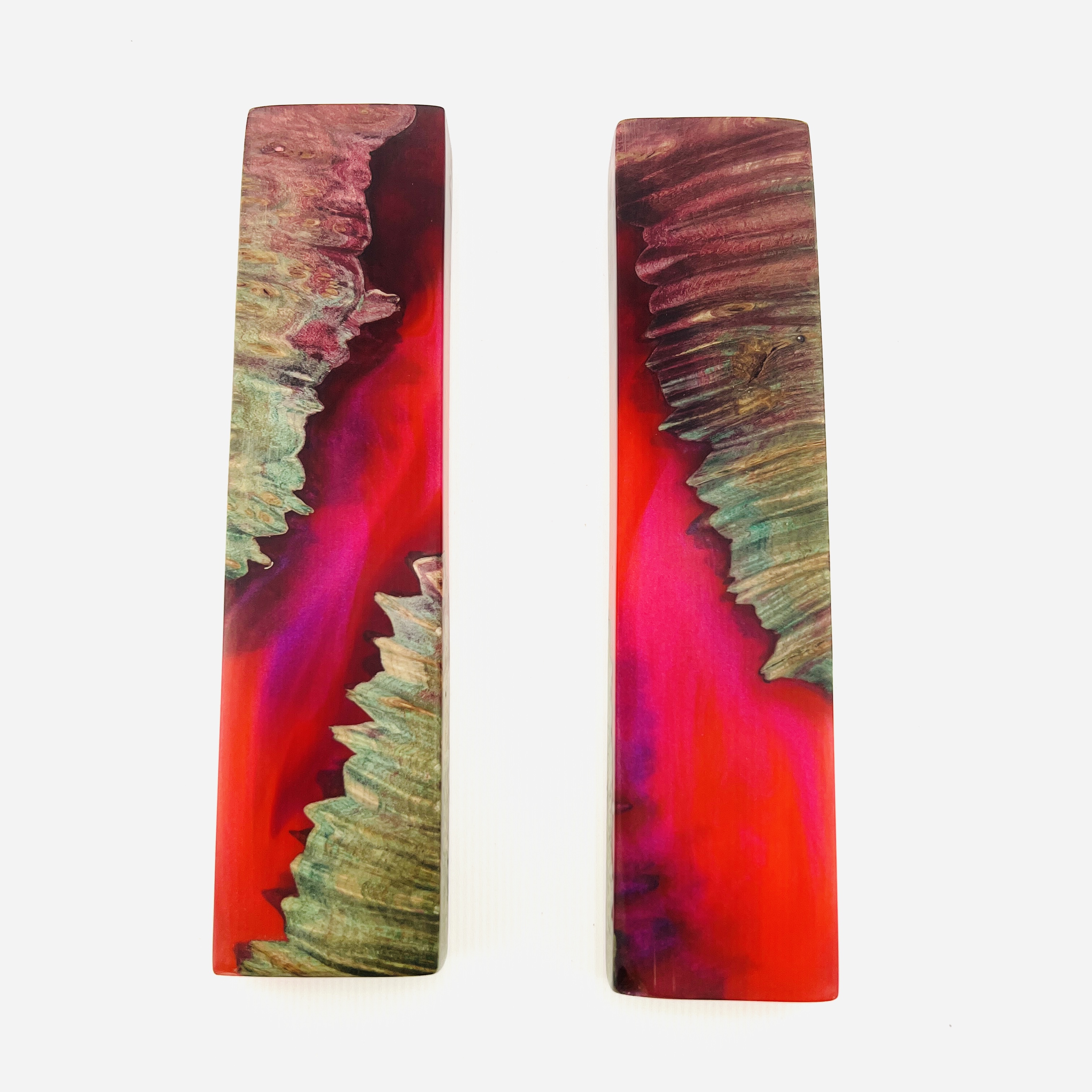 Red Lava river display block pair, resin and burl hybrid