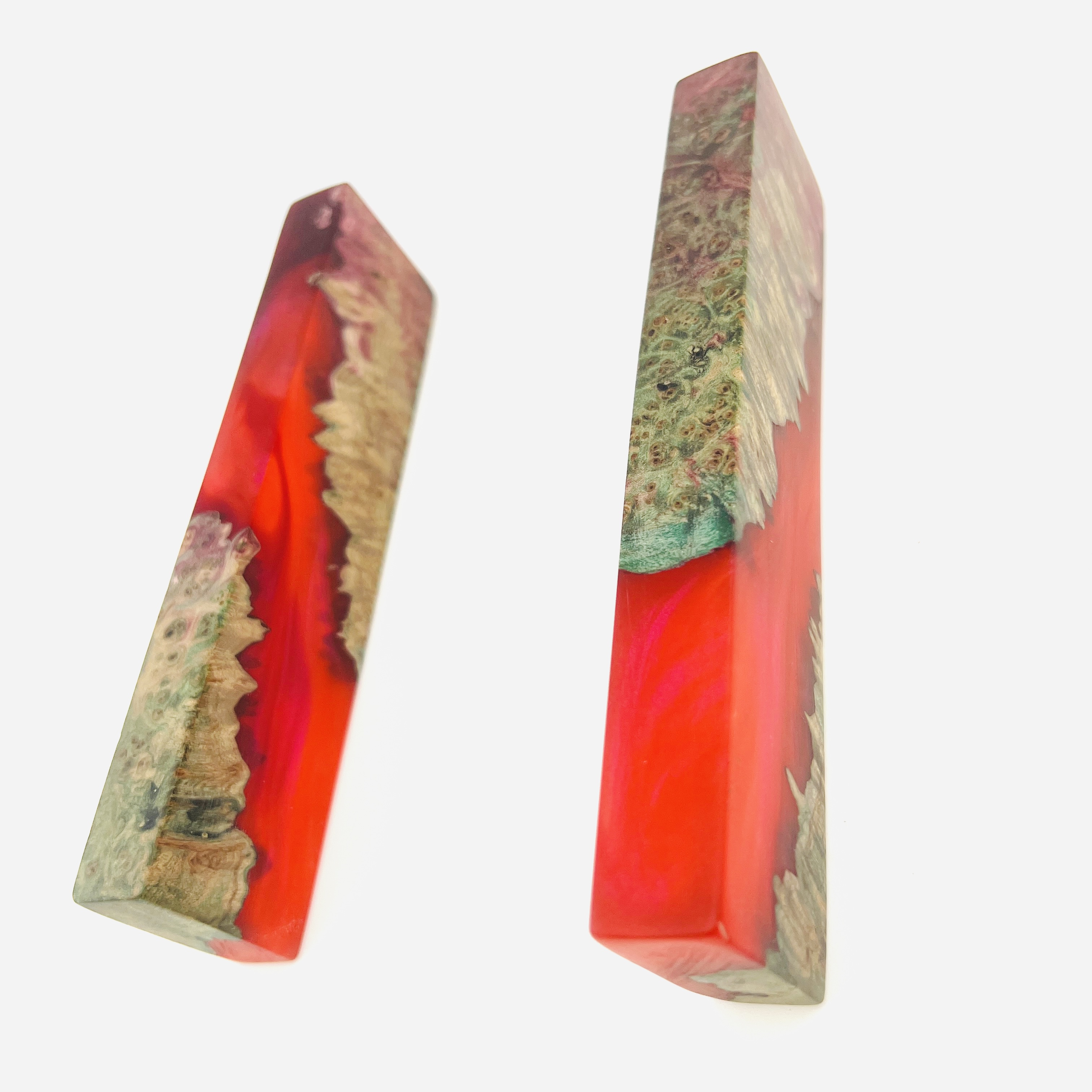 Red Lava river display block pair, resin and burl hybrid