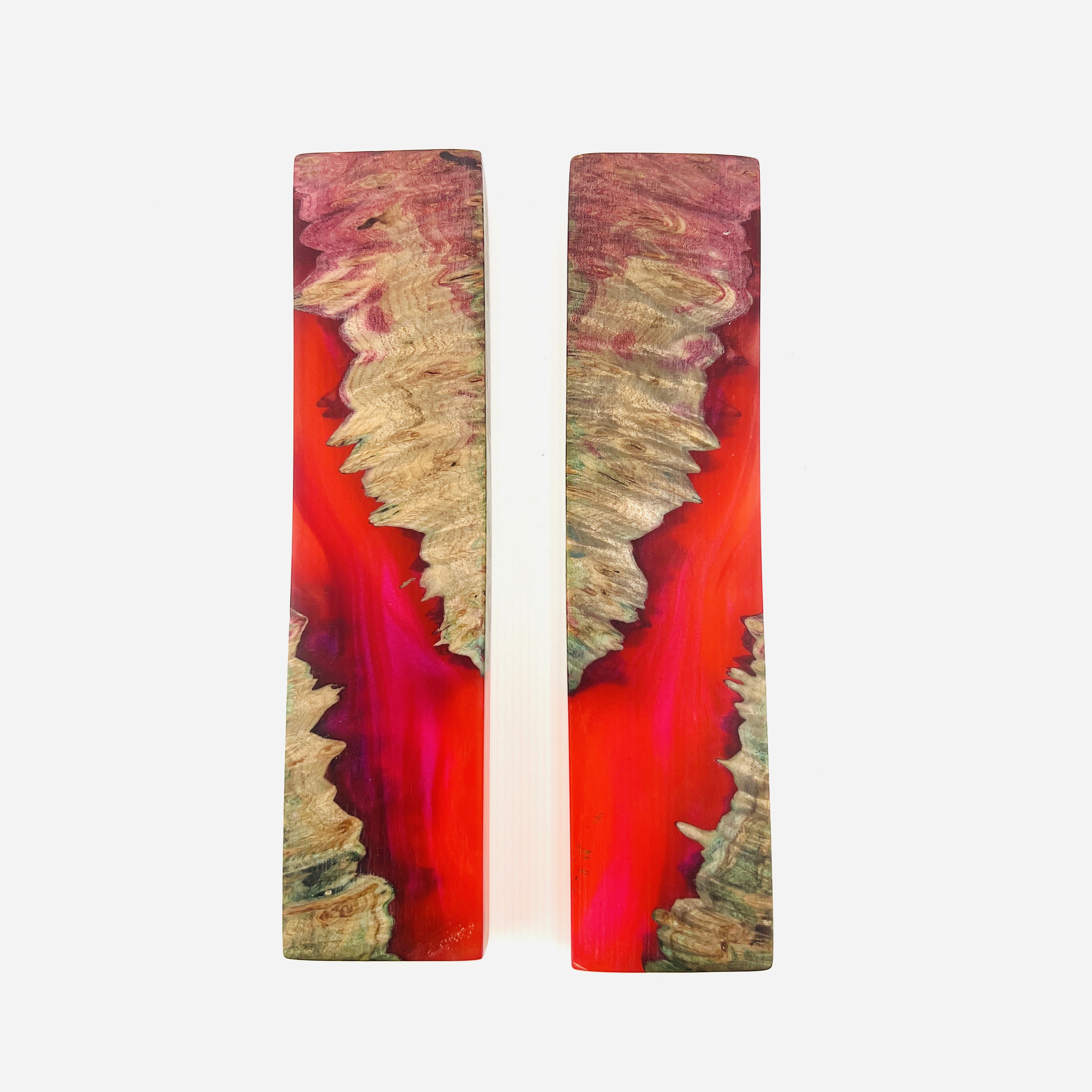 Red Lava river display block pair, resin and burl hybrid
