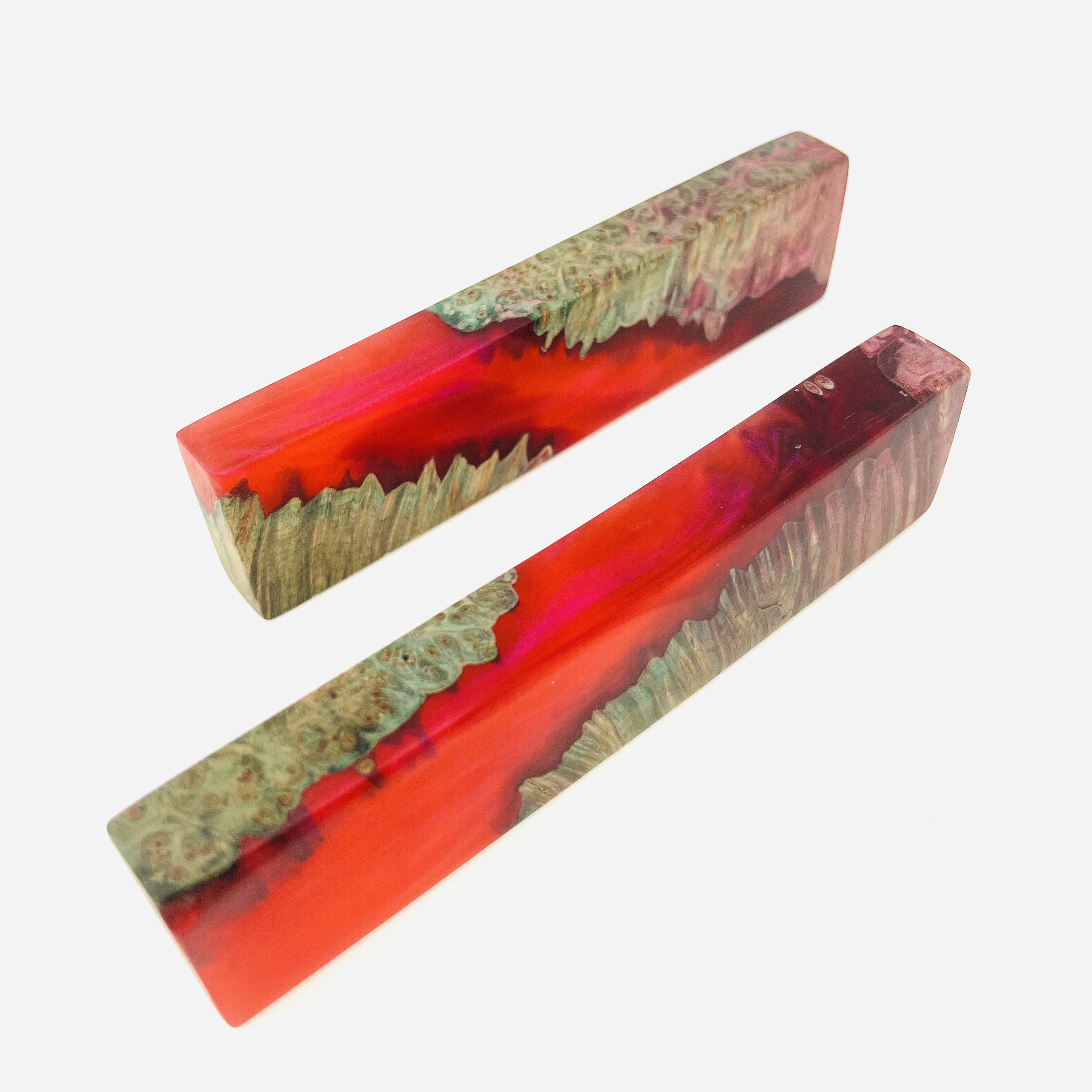 Red Lava river display block pair, resin and burl hybrid