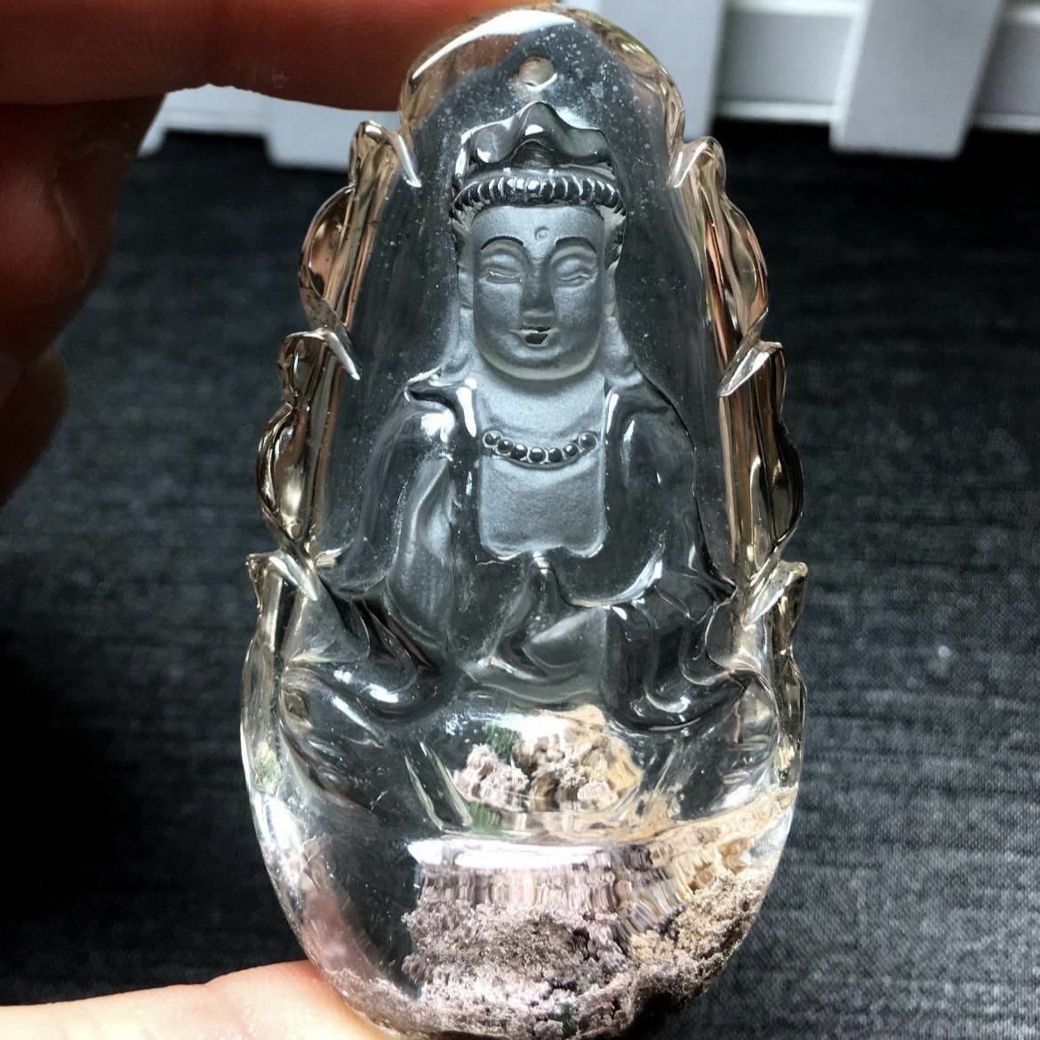 Crystal Buddha pendant, in garden brown phantom pyramid scenic quartz