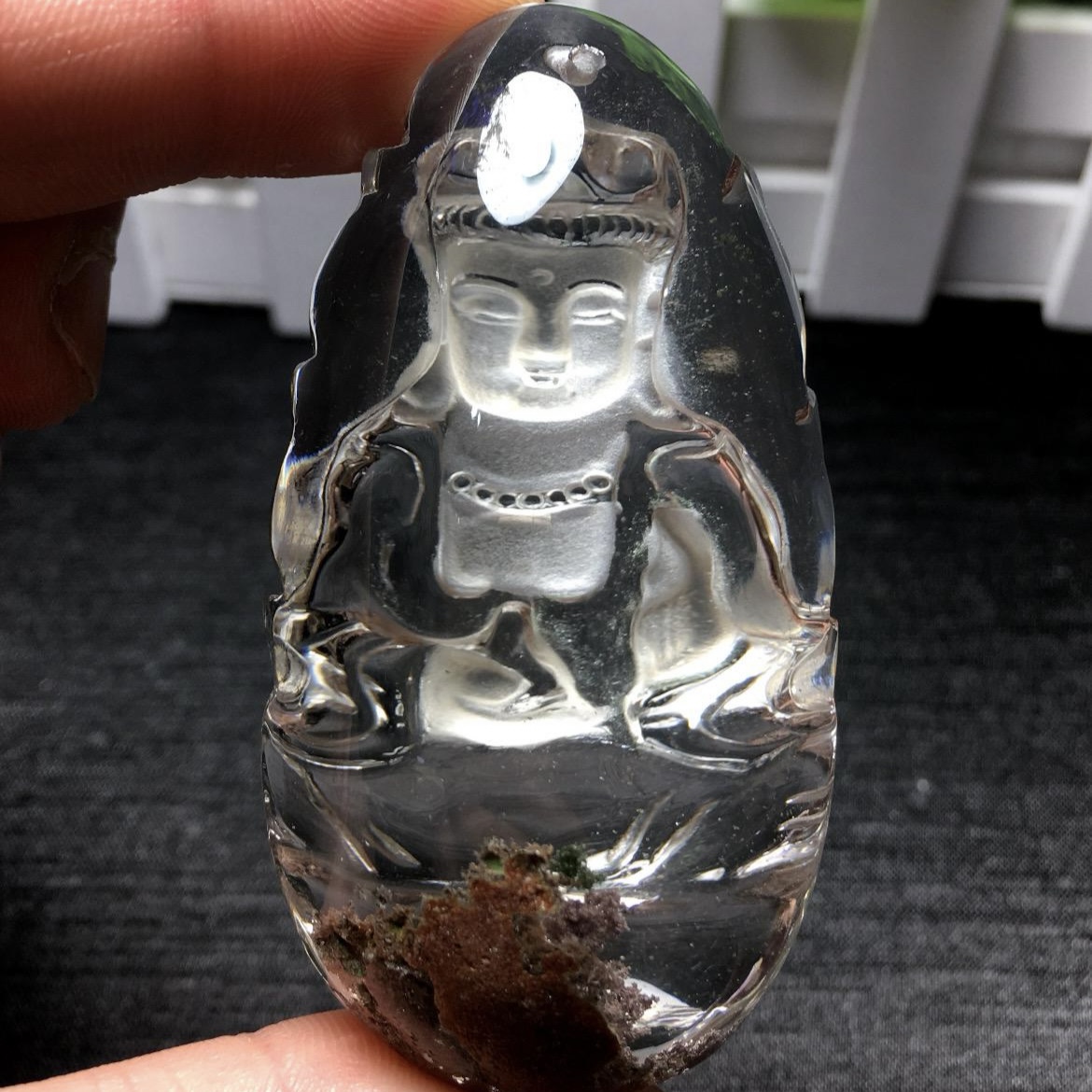 Crystal Buddha pendant, in garden brown phantom pyramid scenic quartz