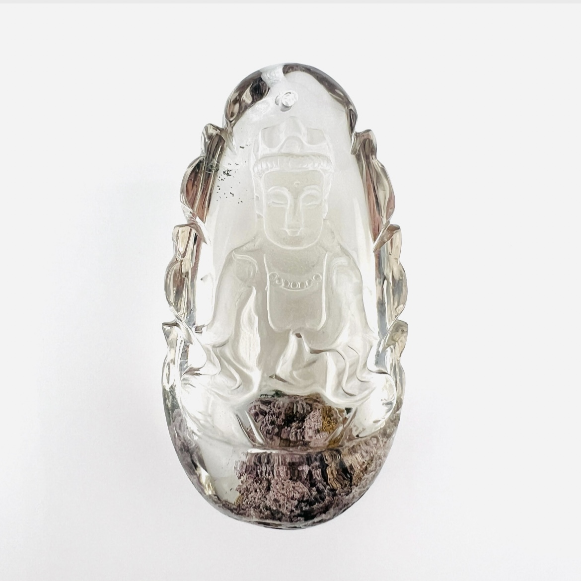 Crystal Buddha pendant, in garden brown phantom pyramid scenic quartz