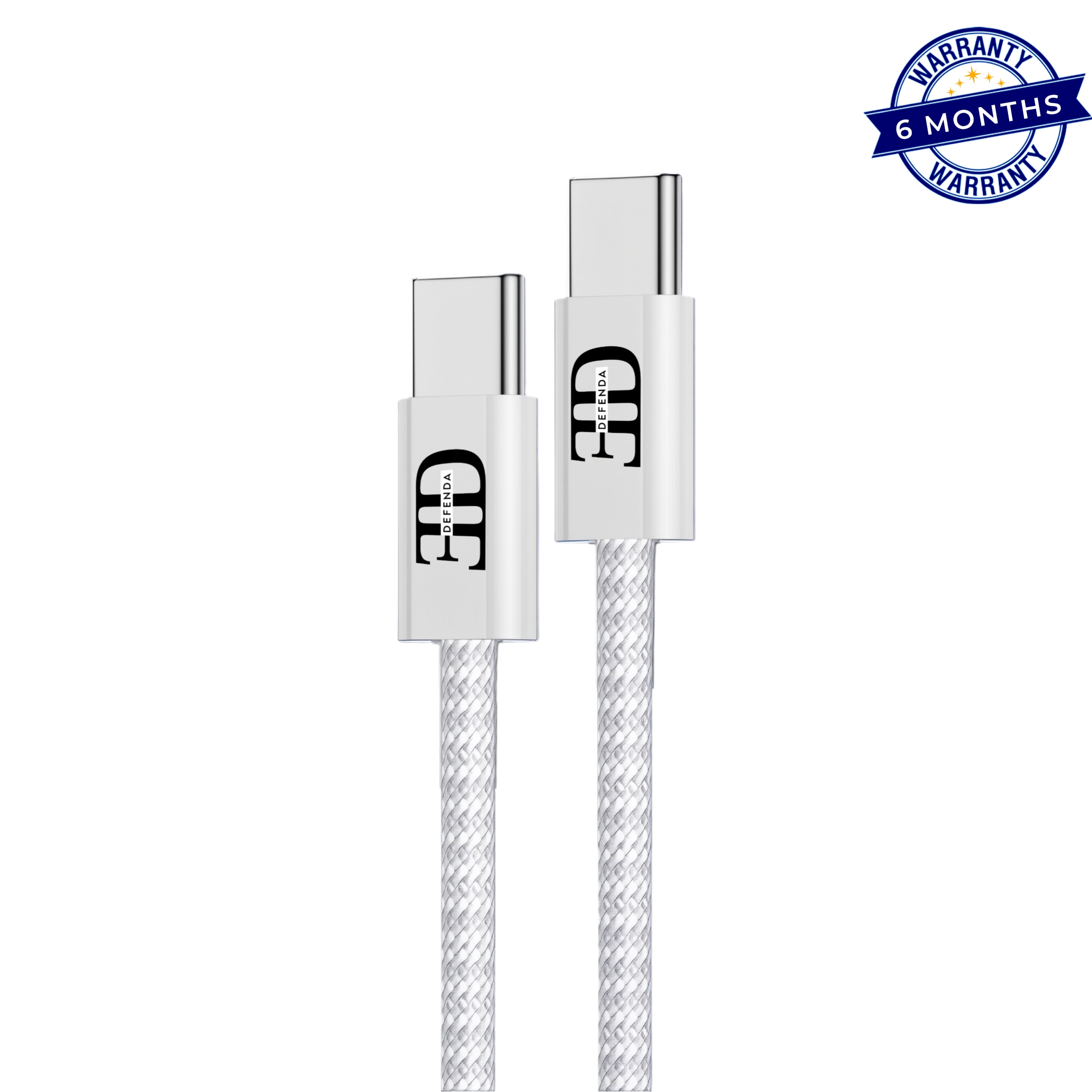 Defenda Braid-x Type-C to Type-C Fast Charging Cable | 5A | Braided Nylon | 60W PD Support | 1M Length – White | 6-Month Warranty