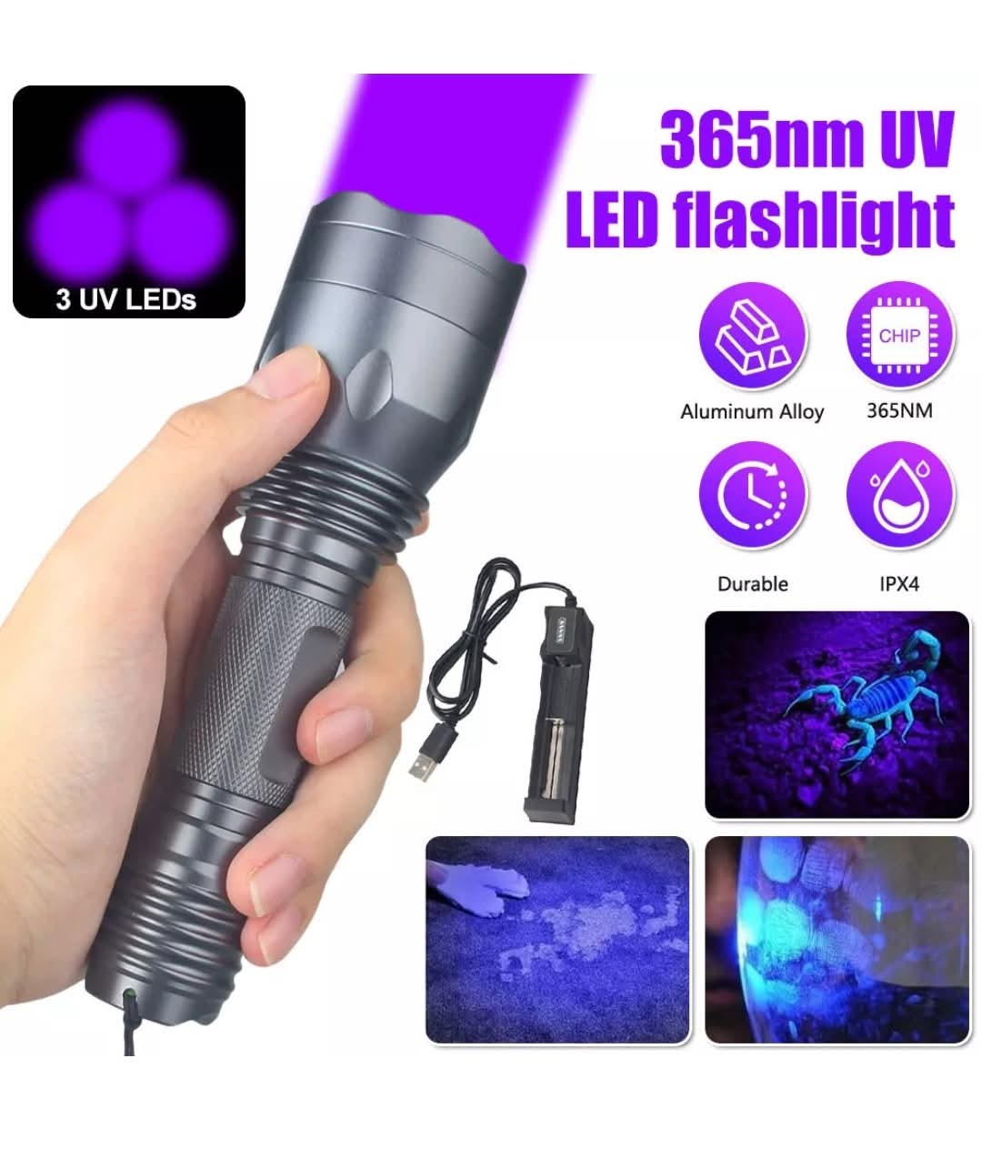 Lámpara de rayos UV 365nm con 3LEDs, recargable.