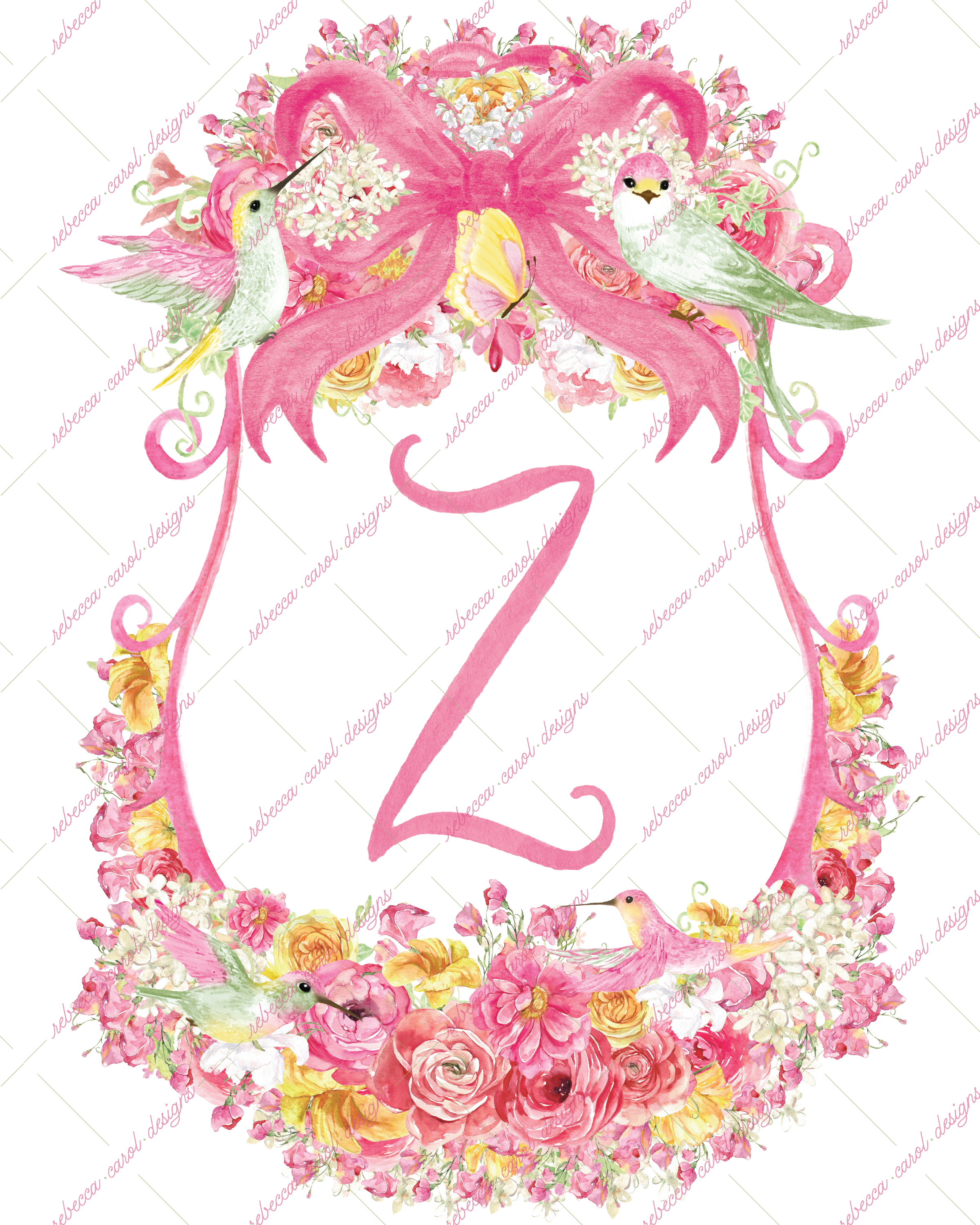 8x10in Watercolor Single Letter Monogram with Birds and Butterfly - Z - Pink Option 6