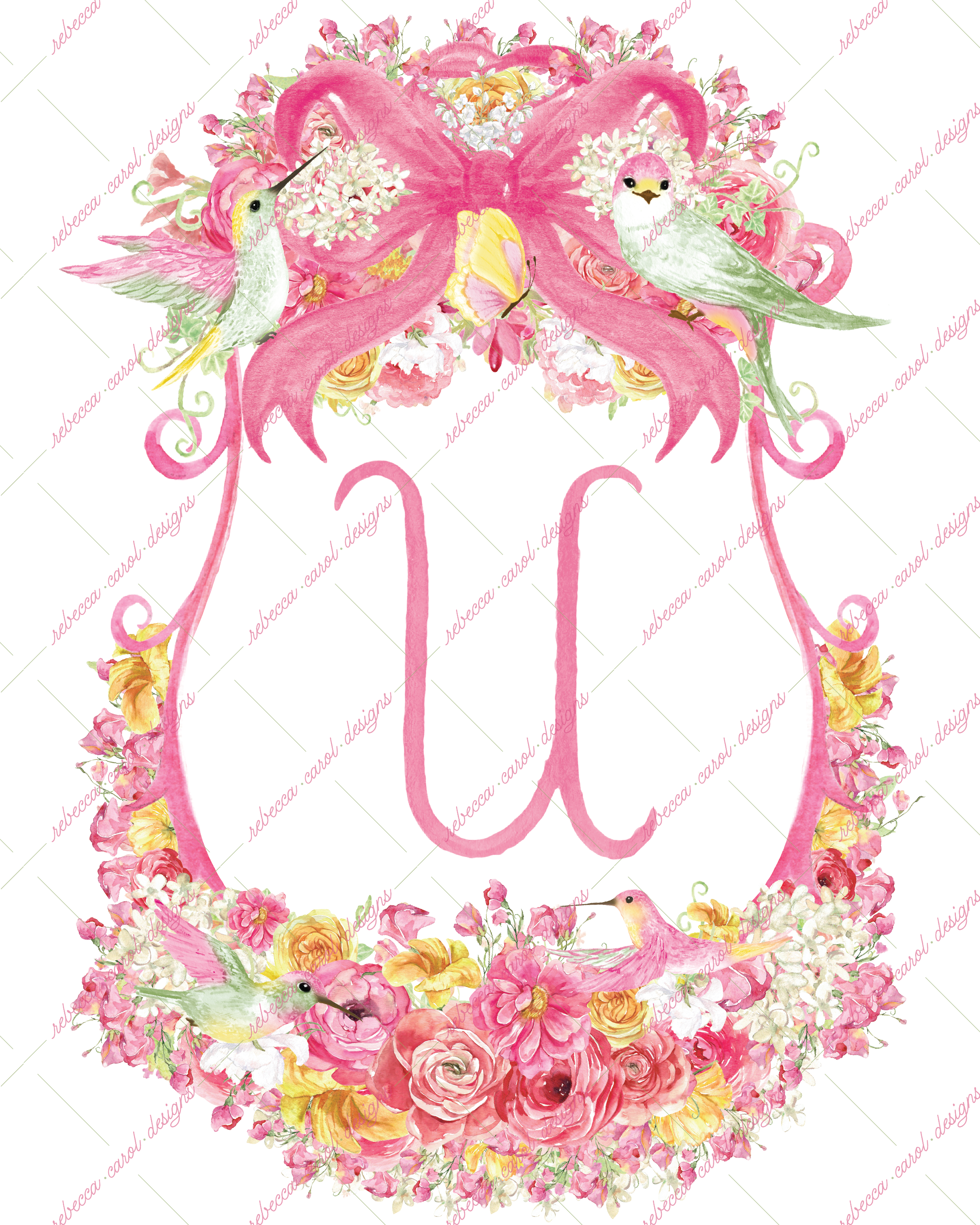 8x10in Watercolor Single Letter Monogram with Birds and Butterfly - U - Pink Option 6