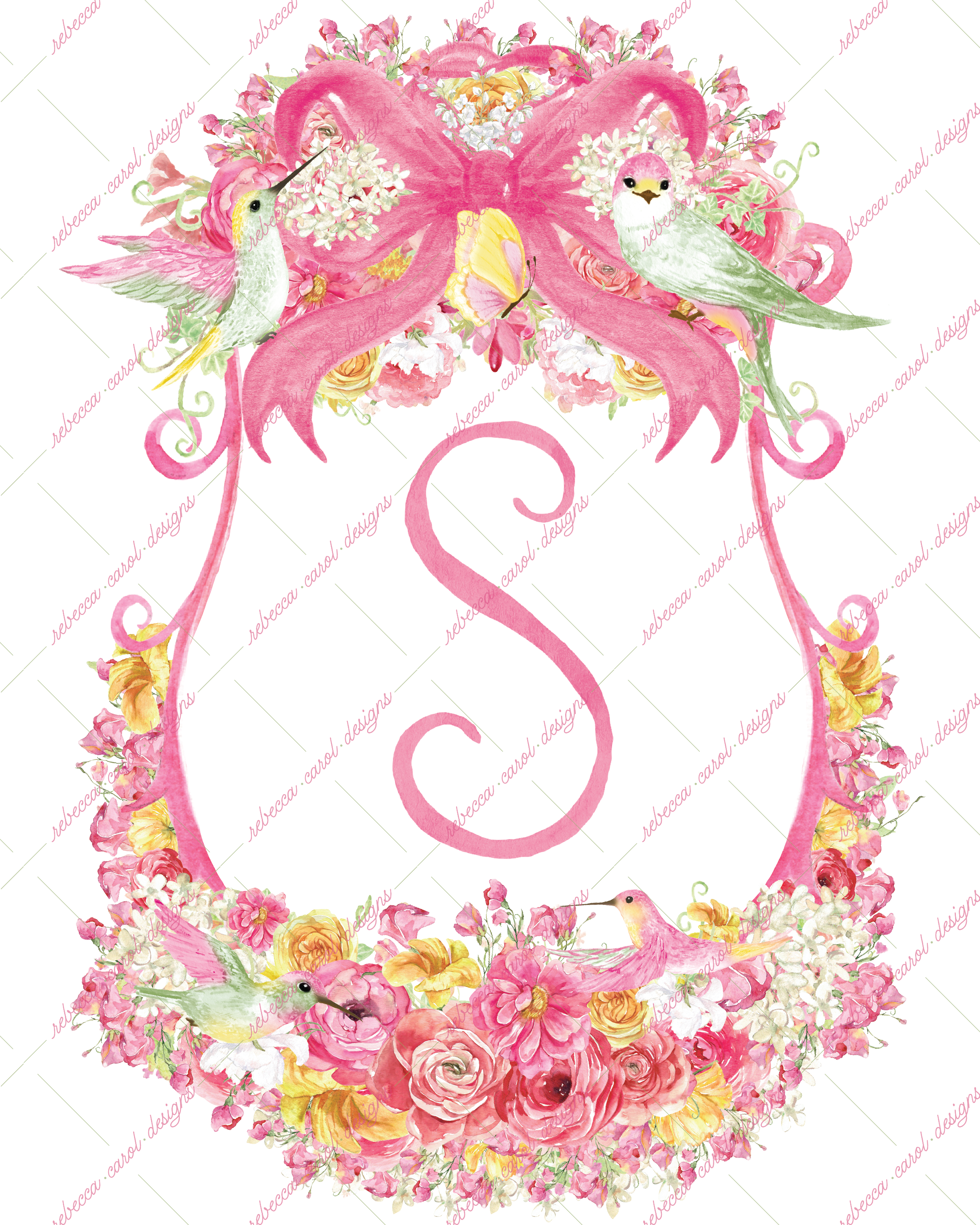 8x10in Watercolor Single Letter Monogram with Birds and Butterfly - S - Pink Option 6