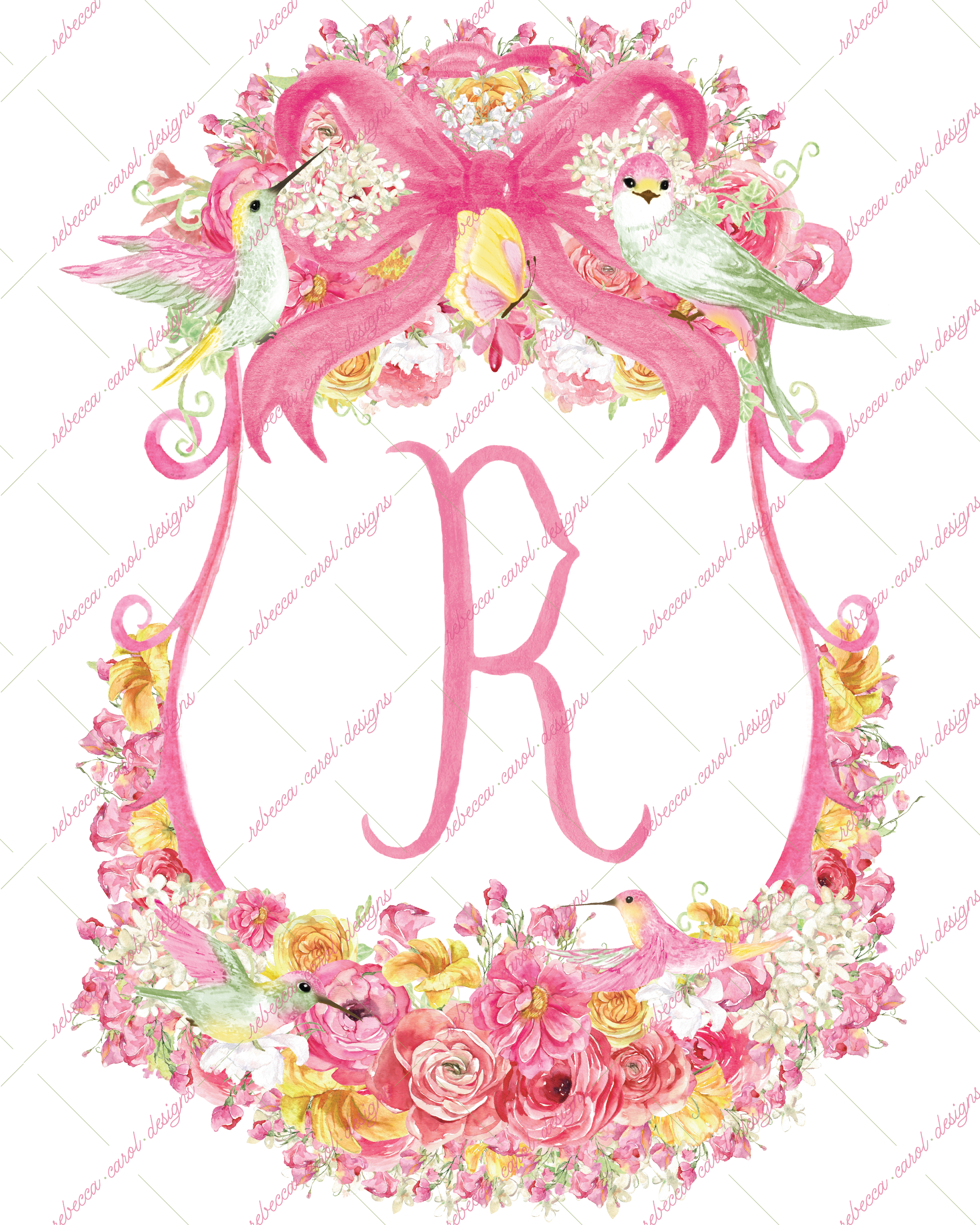 8x10in Watercolor Single Letter Monogram with Birds and Butterfly - R - Pink Option 6