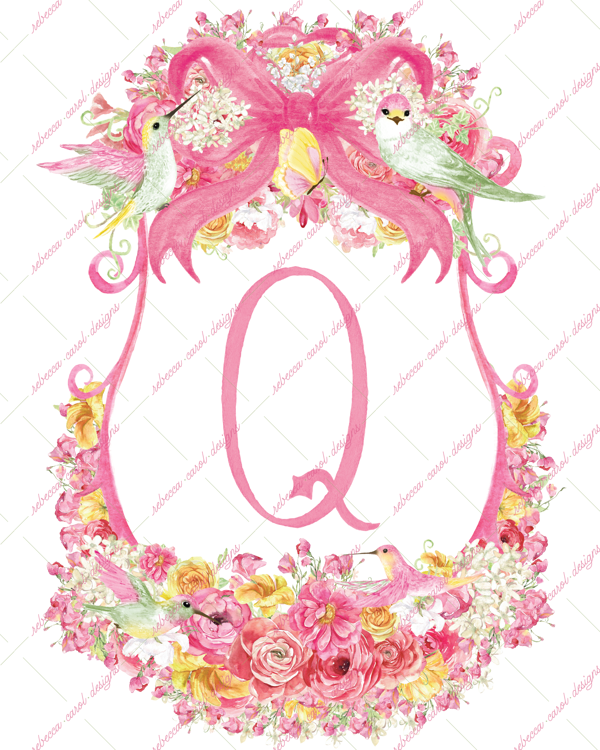 8x10in Watercolor Single Letter Monogram with Birds and Butterfly - Q - Pink Option 6