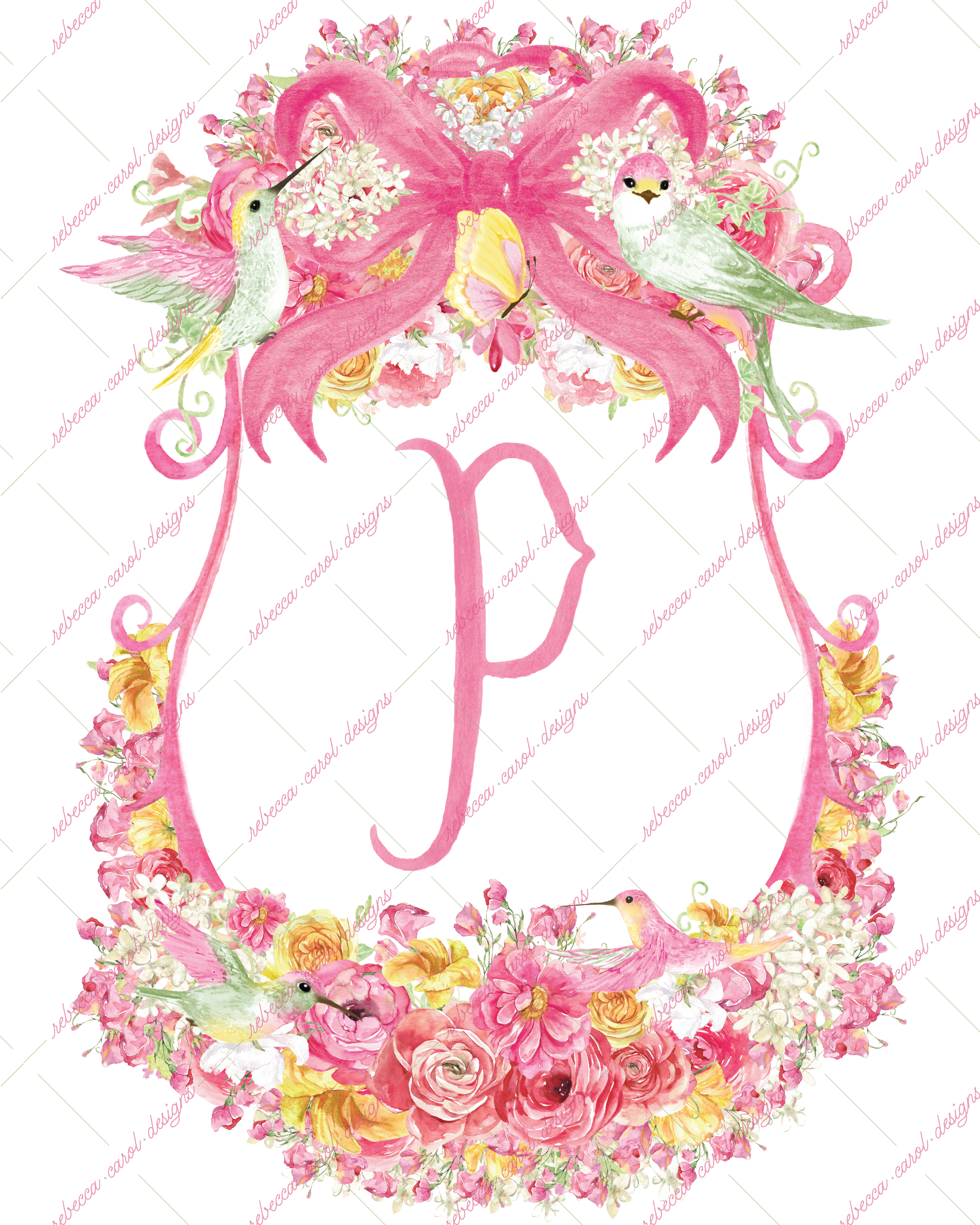 8x10in Watercolor Single Letter Monogram with Birds and Butterfly - P - Pink Option 6