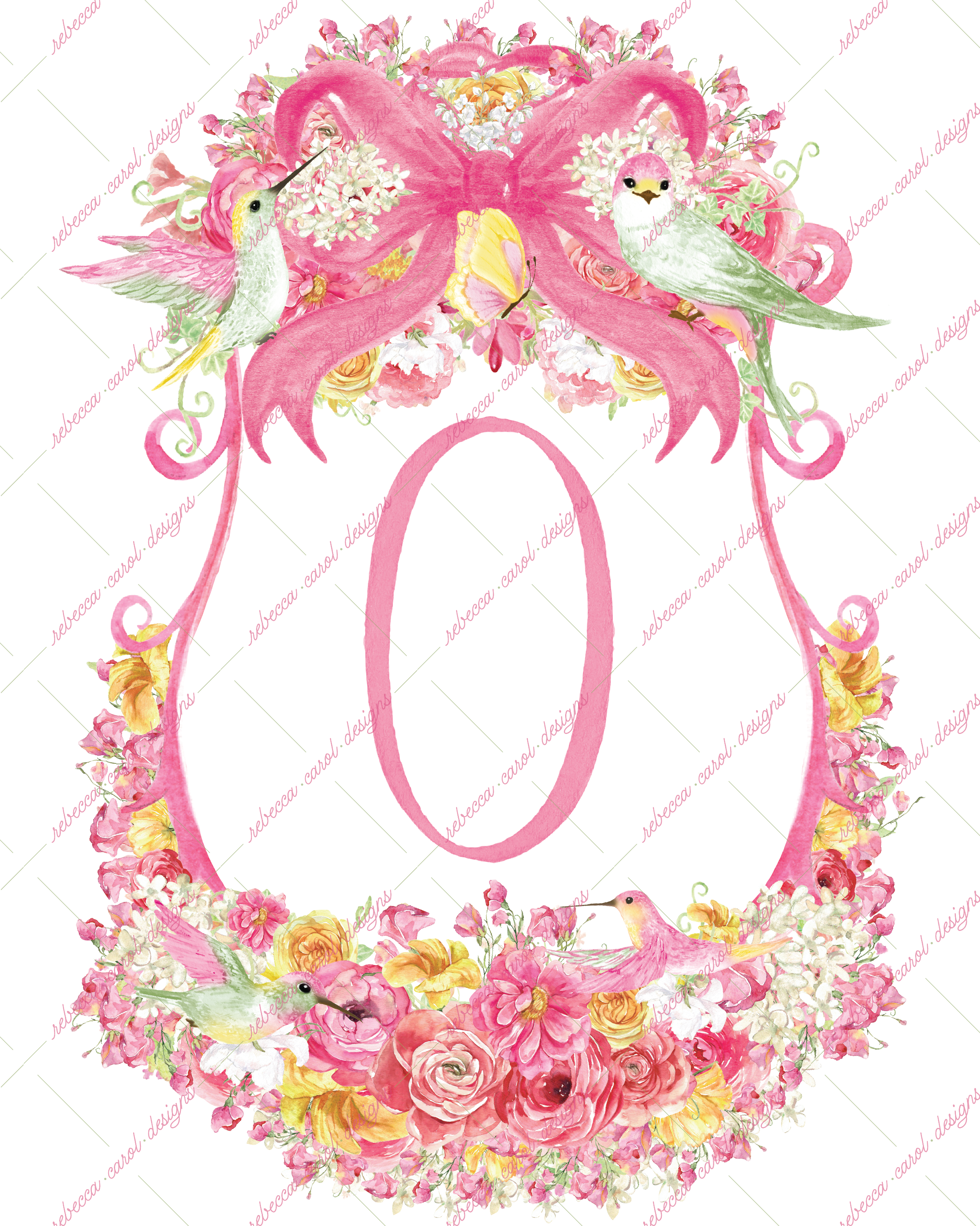 8x10in Watercolor Single Letter Monogram with Birds and Butterfly - O - Pink Option 6