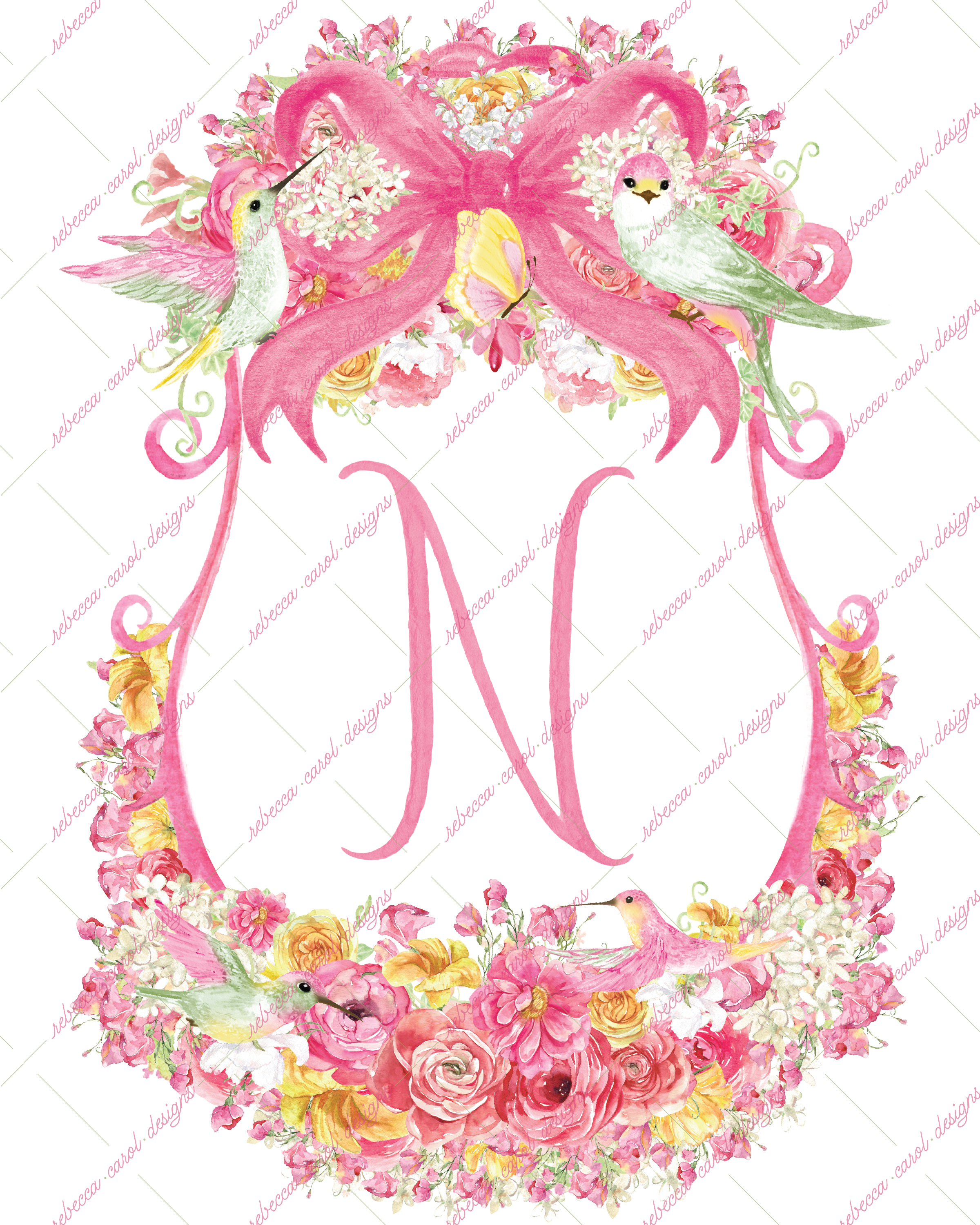8x10in Watercolor Single Letter Monogram with Birds and Butterfly - N - Pink Option 6