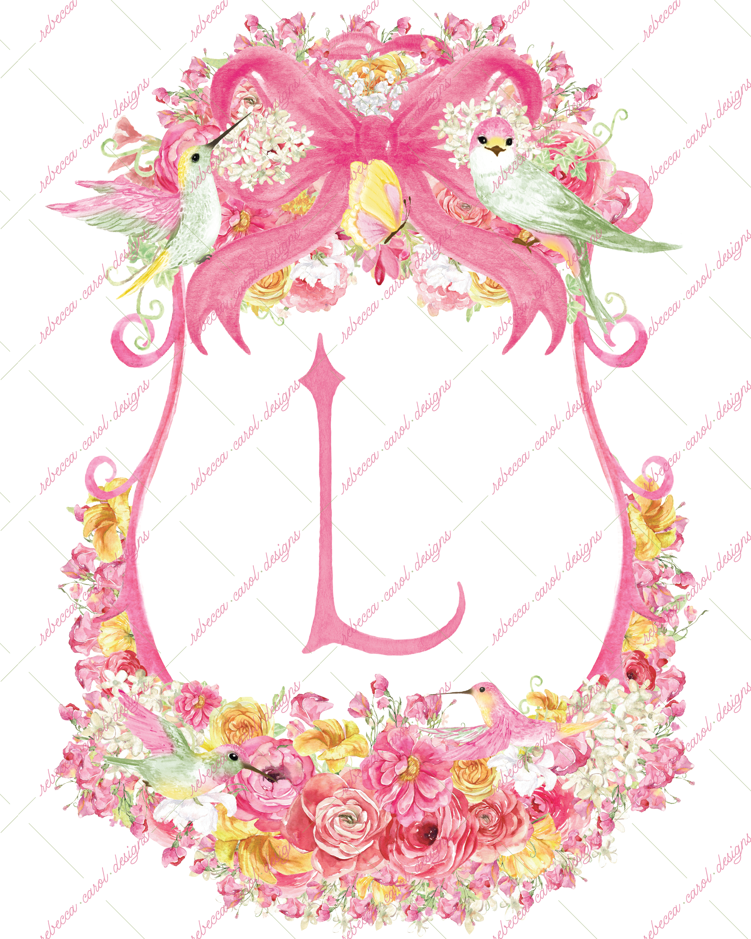 8x10in Watercolor Single Letter Monogram with Birds and Butterfly - L - Pink Option 6