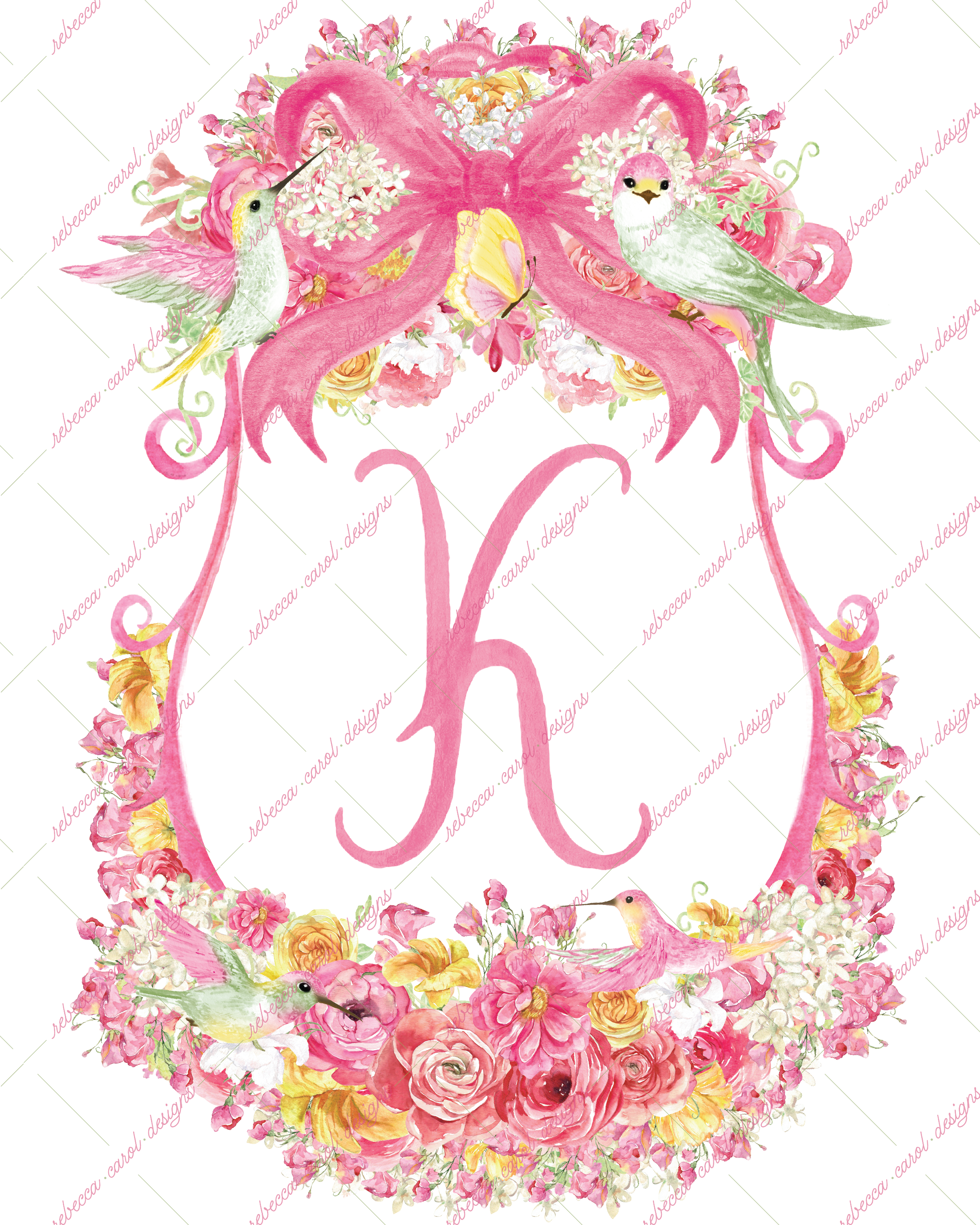 8x10in Watercolor Single Letter Monogram with Birds and Butterfly - K - Pink Option 6