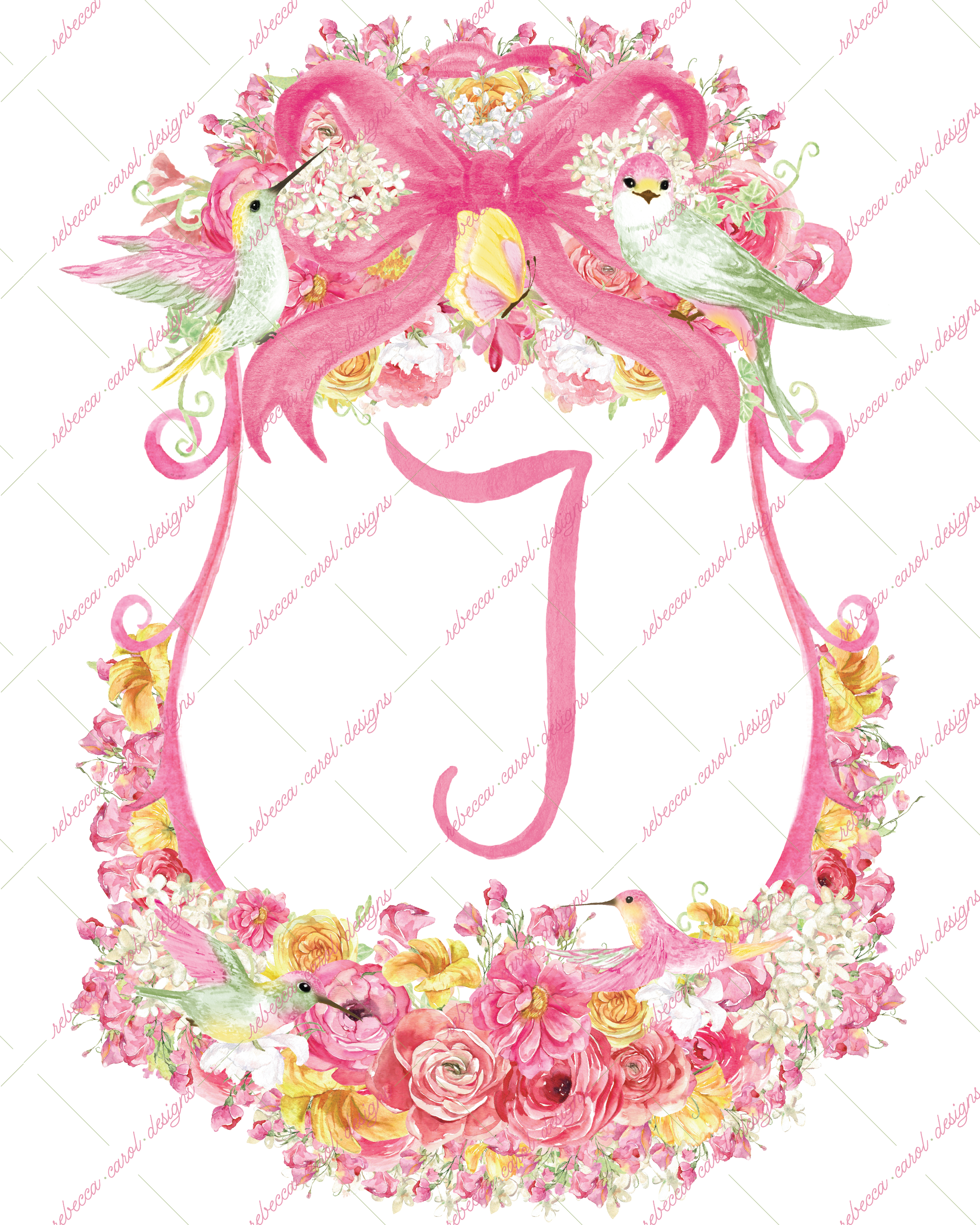 8x10in Watercolor Single Letter Monogram with Birds and Butterfly - J - Pink Option 6