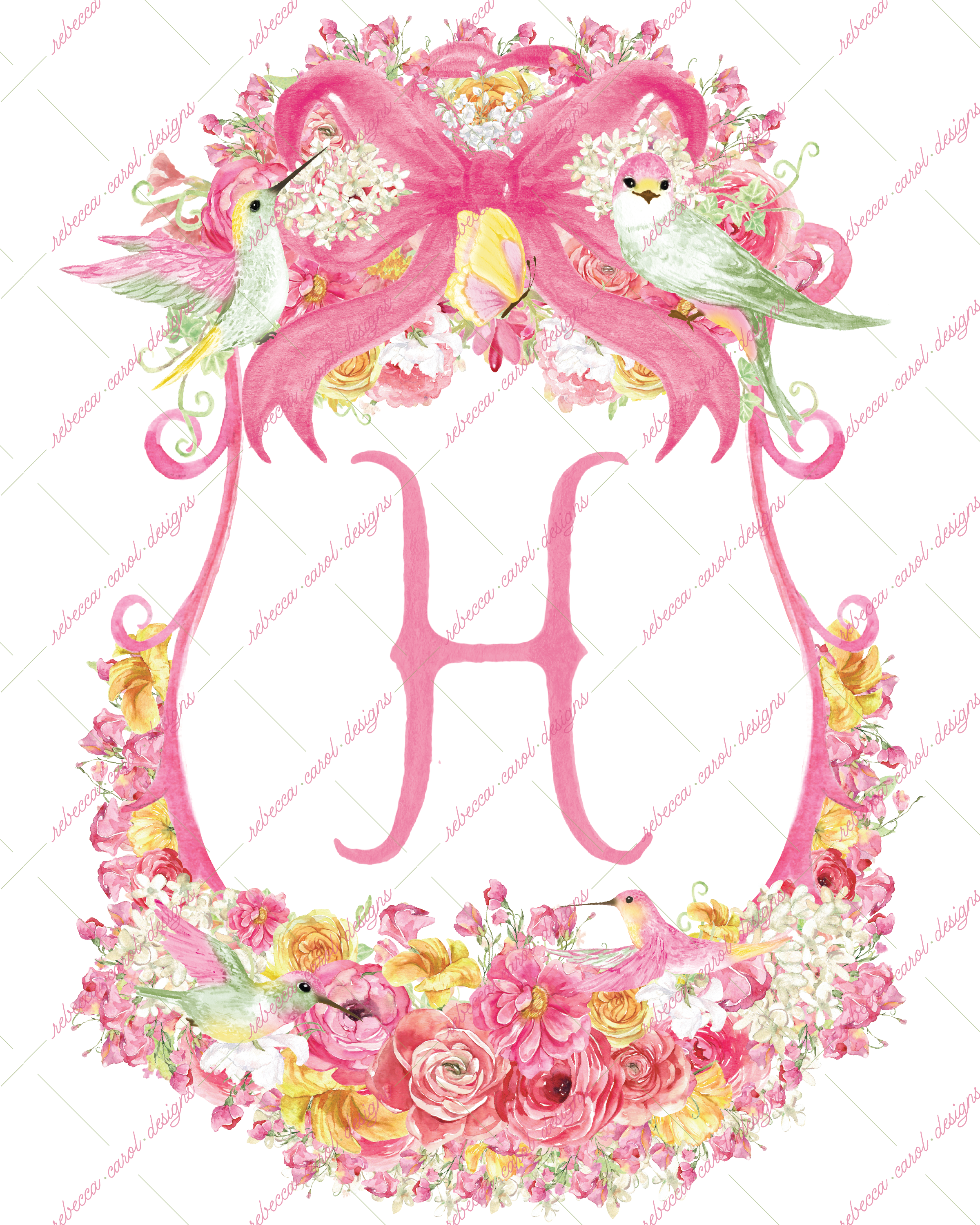 8x10in Watercolor Single Letter Monogram with Birds and Butterfly - H - Pink Option 6