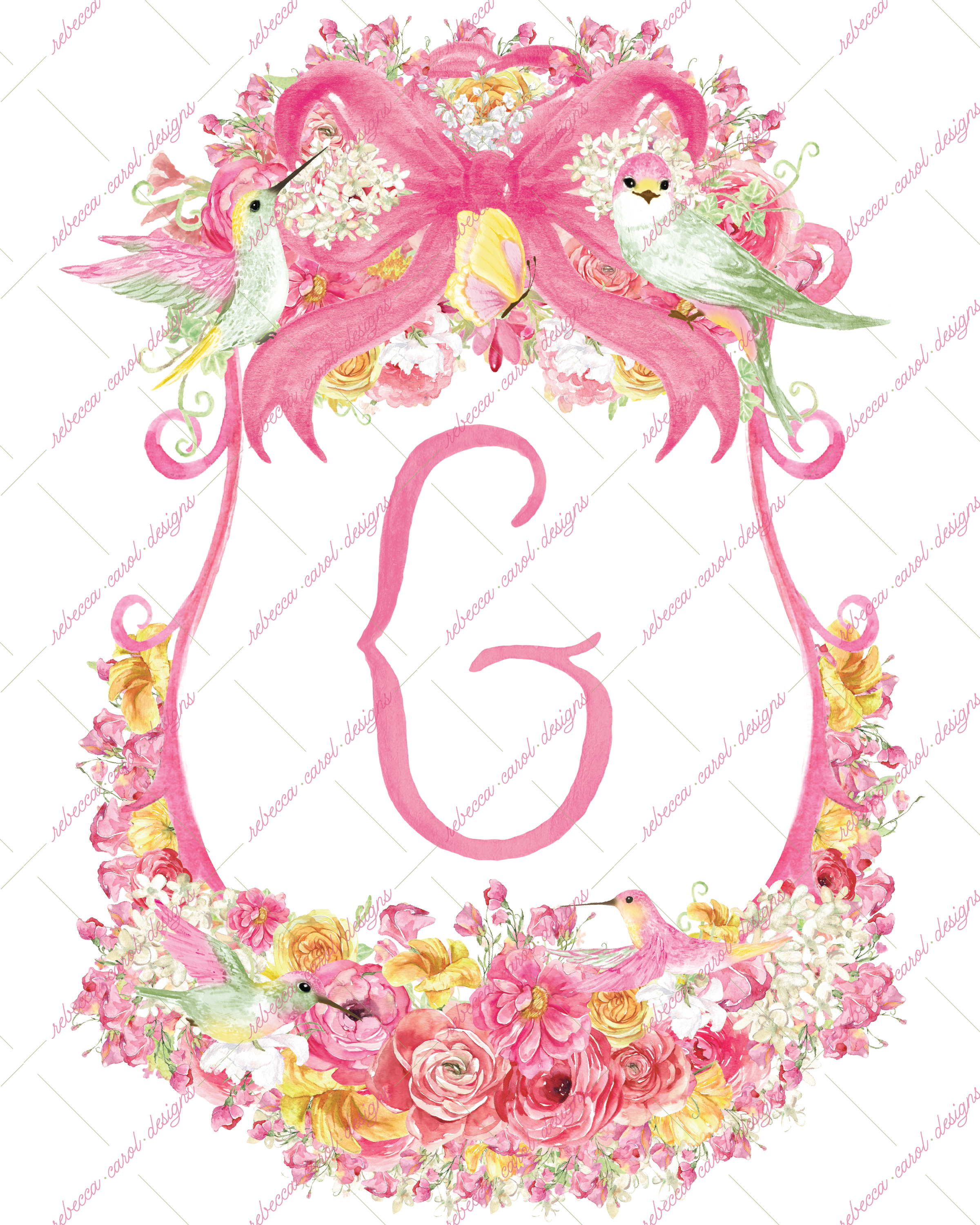 8x10in Watercolor Single Letter Monogram with Birds and Butterfly - G - Pink Option 6