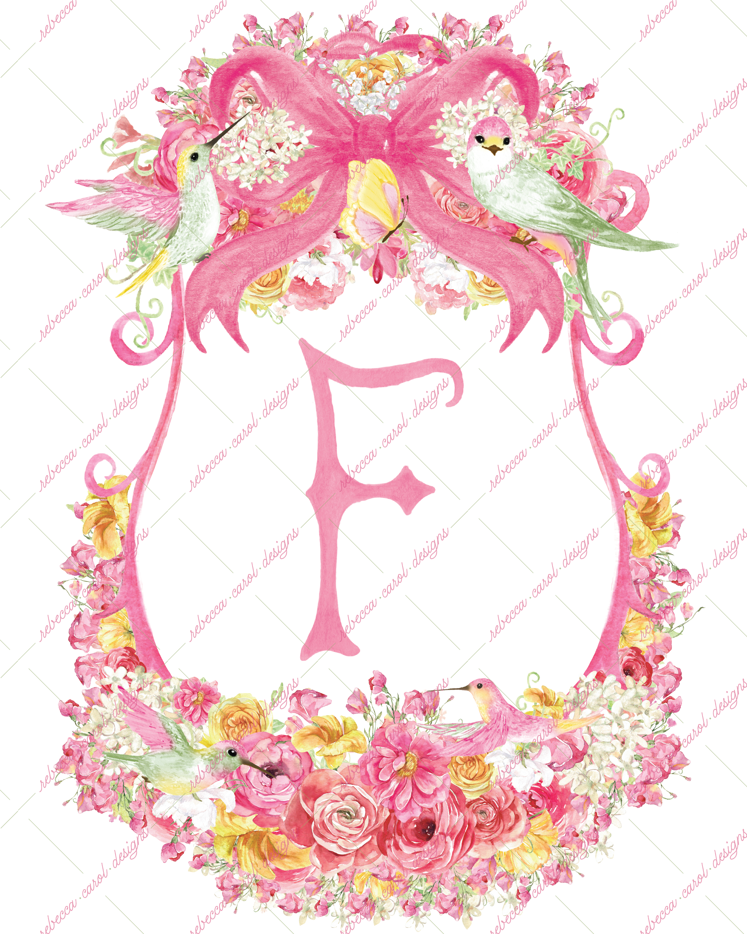 8x10in Watercolor Single Letter Monogram with Birds and Butterfly - F - Pink Option 6