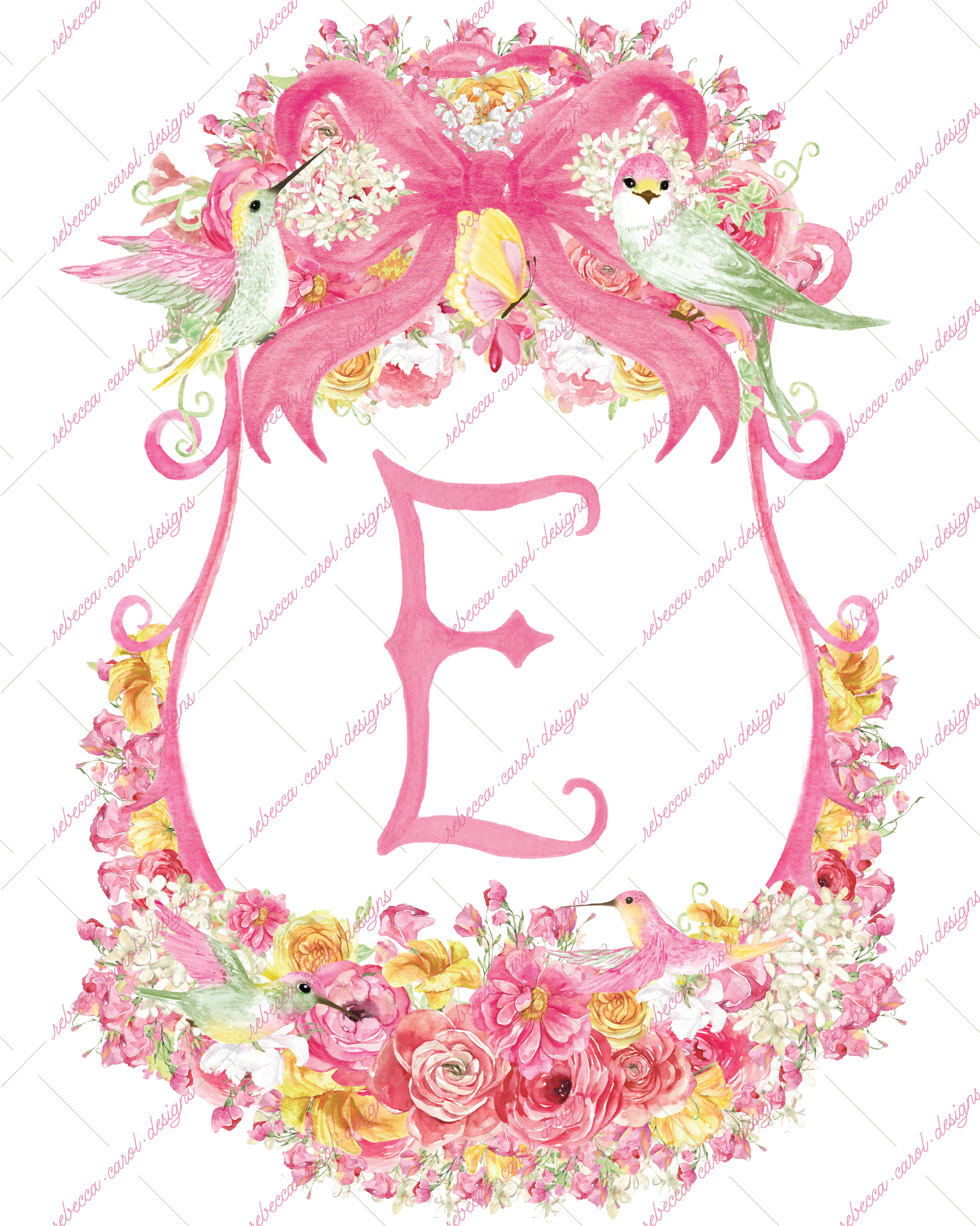 8x10in Watercolor Single Letter Monogram with Birds and Butterfly - E - Pink Option 6