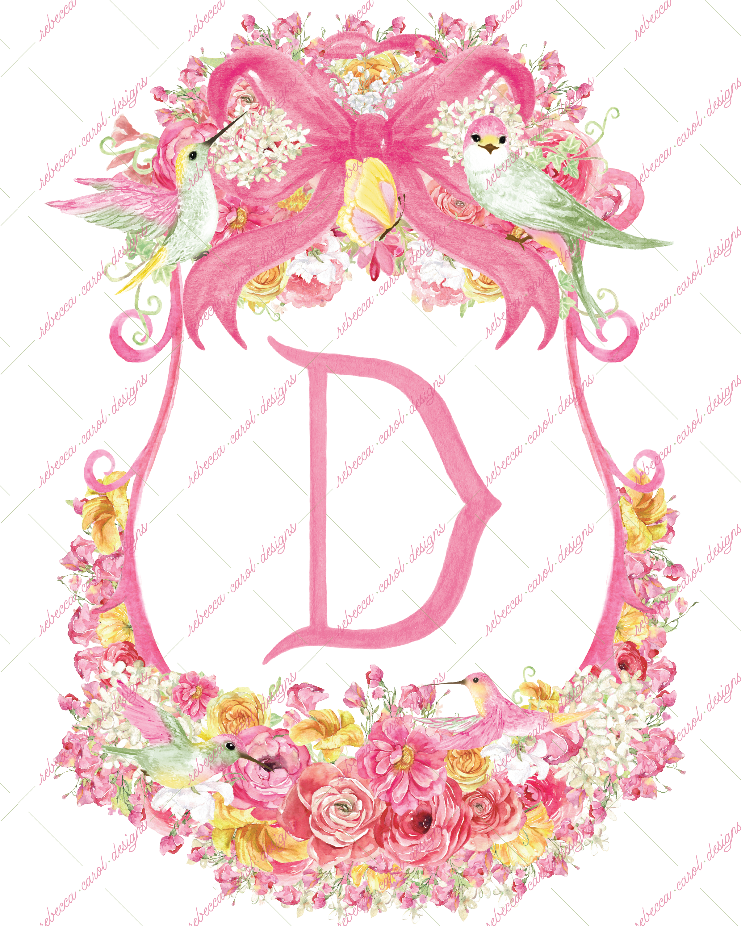 8x10in Watercolor Single Letter Monogram with Birds and Butterfly - D - Pink Option 6